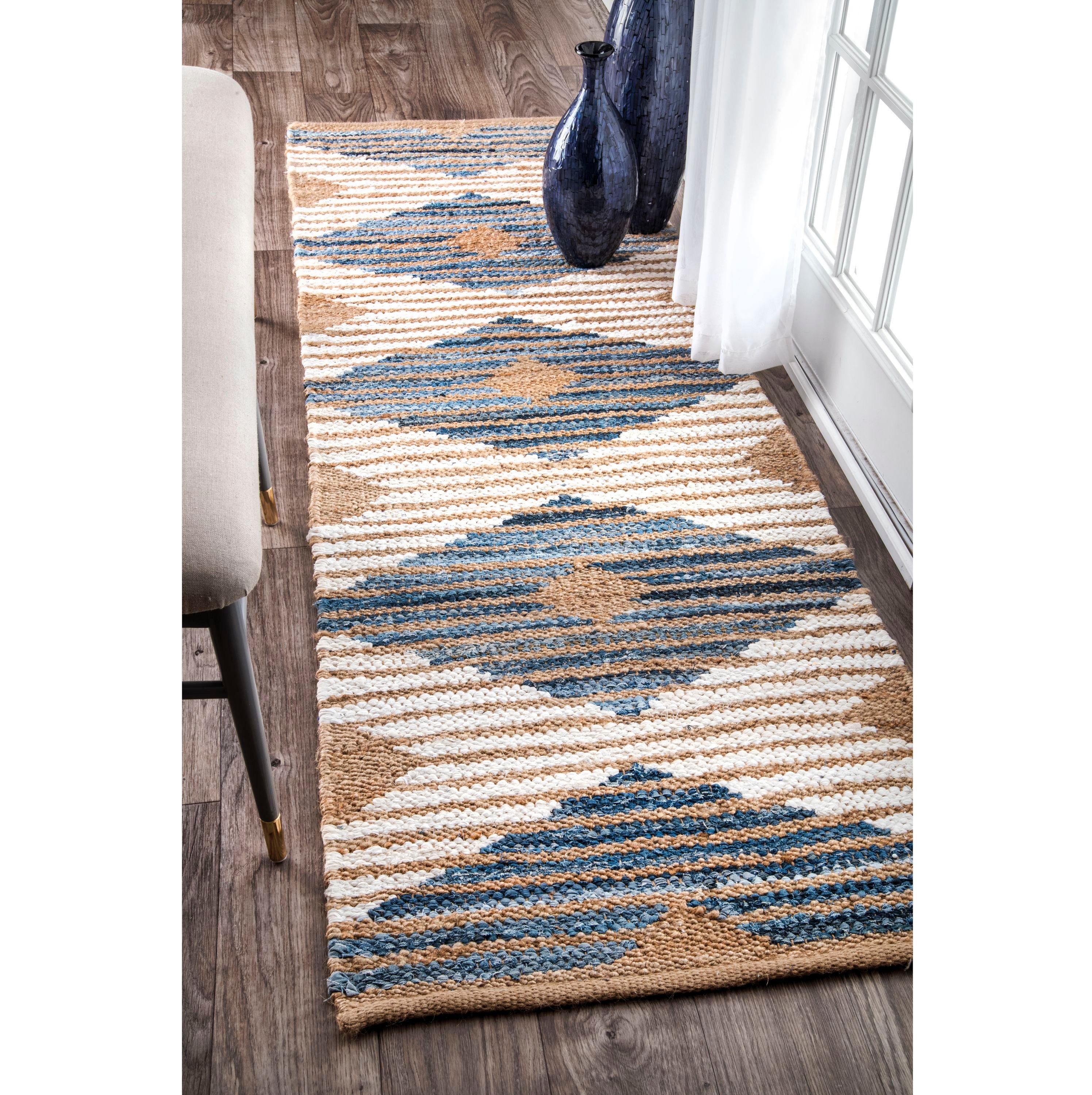 nuLOOM Hand Braided Marla Denim And Jute Diamonds Area Rug, Runner 2' 6" x 10', Off White