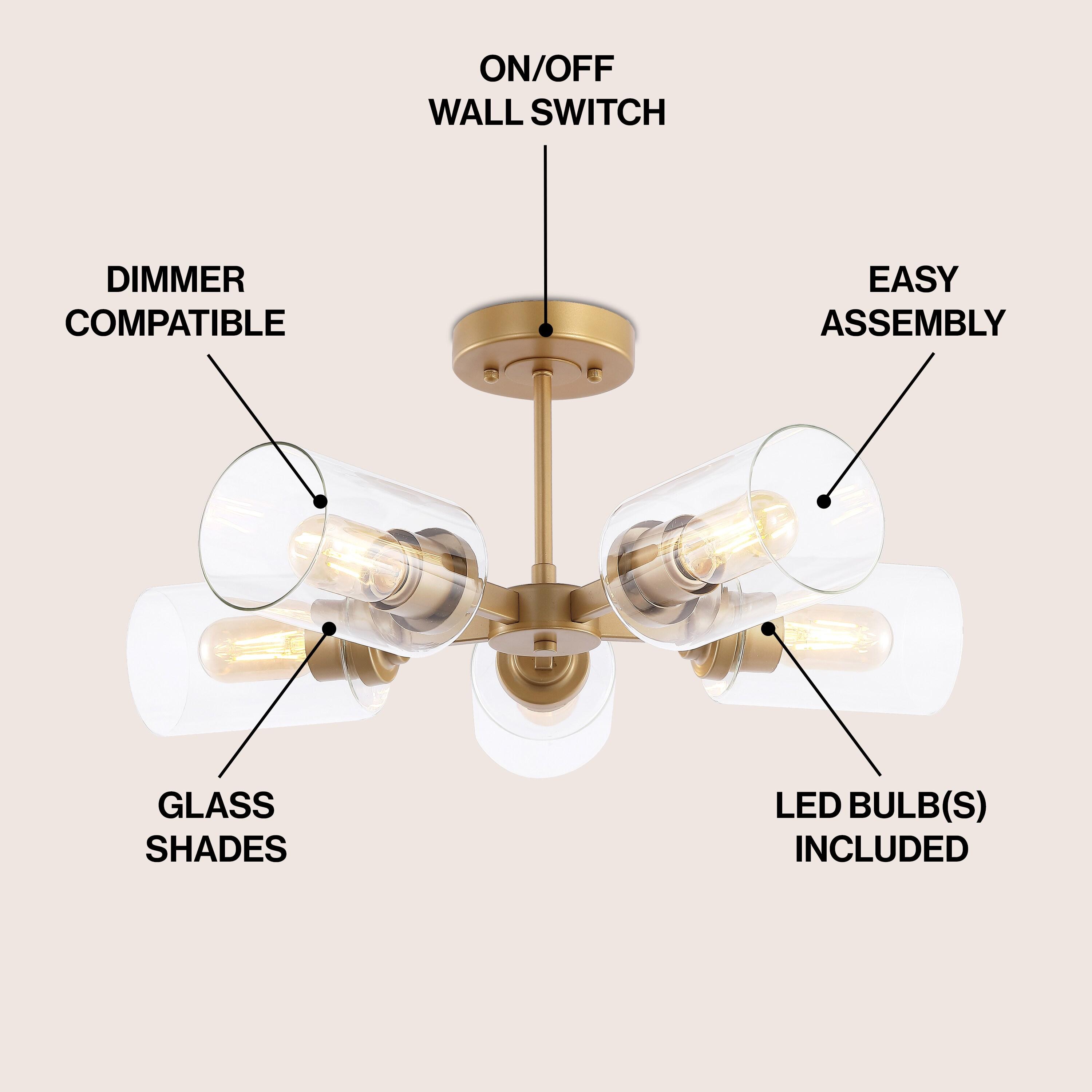 Jaynie 21.5" 5-Light Farmhouse Industrial Iron Cylinder LED Semi Flush Mount, Brass Gold/Clear
