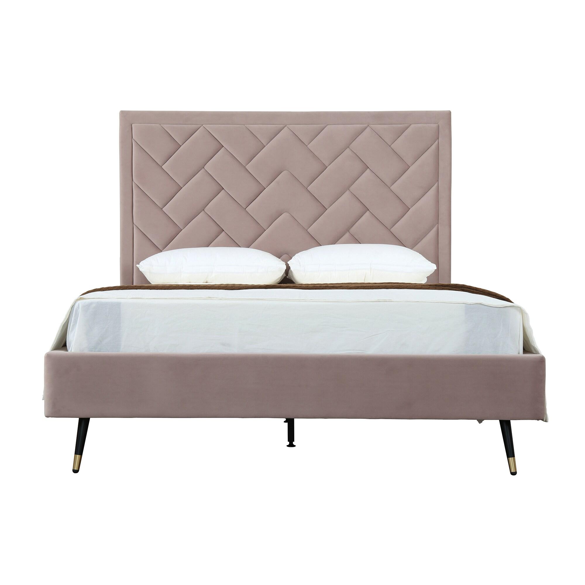 Manhattan Comfort Queen Crosby Modern Velvet Upholstered Bed Blush: Chic Wingback Design, Foam-Filled, No Box Spring Needed
