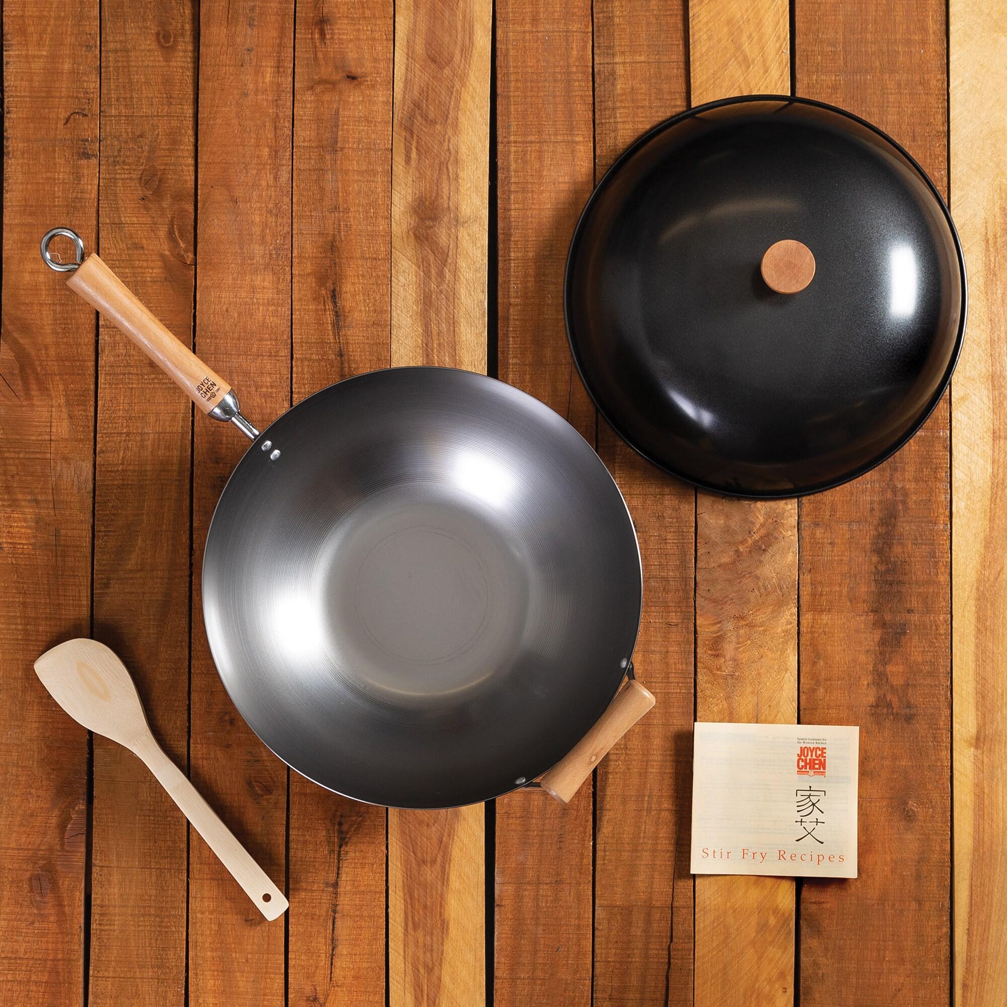 Joyce Chen Classic Series Uncoated Carbon Steel Wok Set with Lid and Birch Handles, 4 Pieces, 14-in., J21-9972