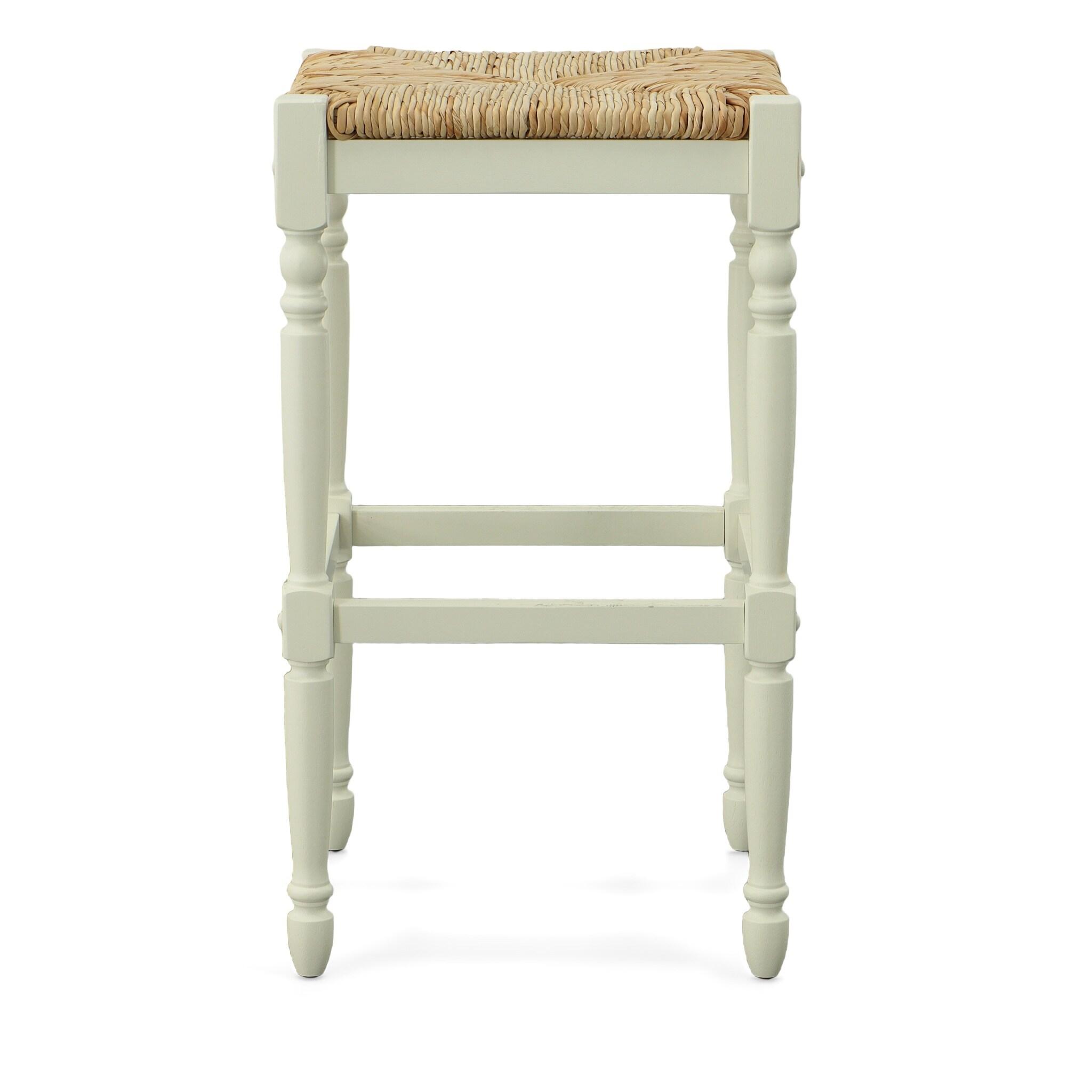 Carolina Cottage Hawthorne 24" Counter Stool with Woven Rush Seat - Vintage Hardwood Legs, Hand Finish Backless Stool (Antique White)