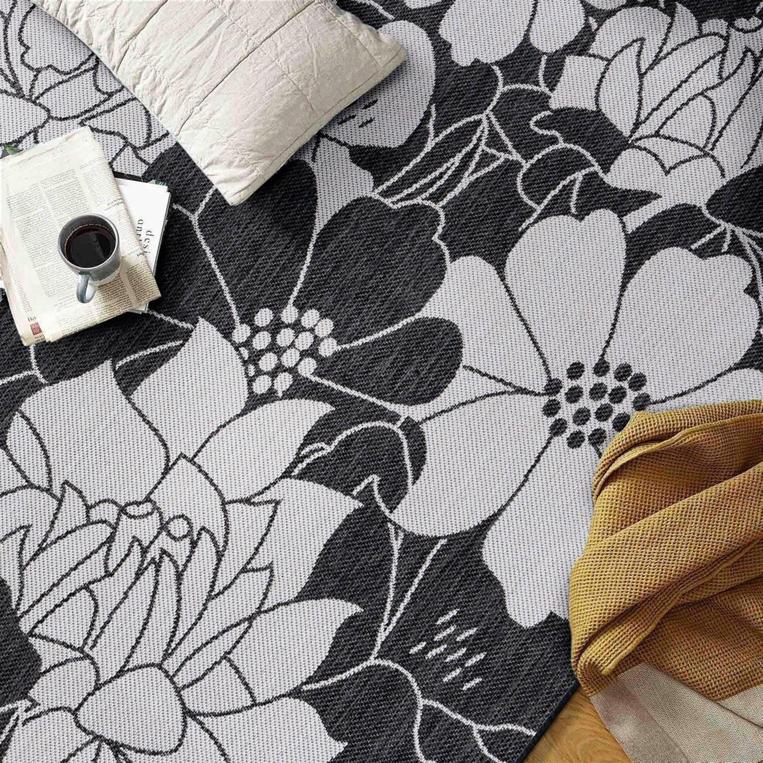 World Rug Gallery Modern Floral Flowers Textured Flat Weave Indoor/Outdoor Area Rug - BLACK 5' X 7'