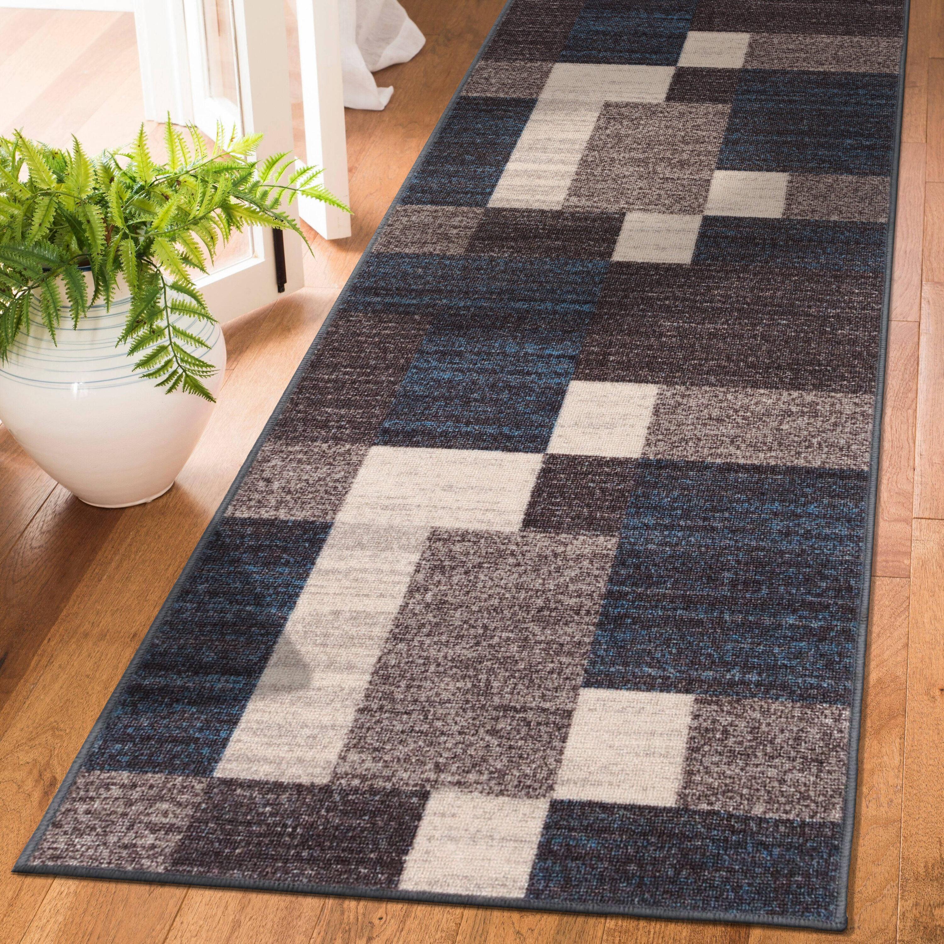 World Rug Gallery Modern Boxes Design Non-slip (Non-skid) Blue 22" x 84" Indoor Runner Rug:  Low Pile Area Rug