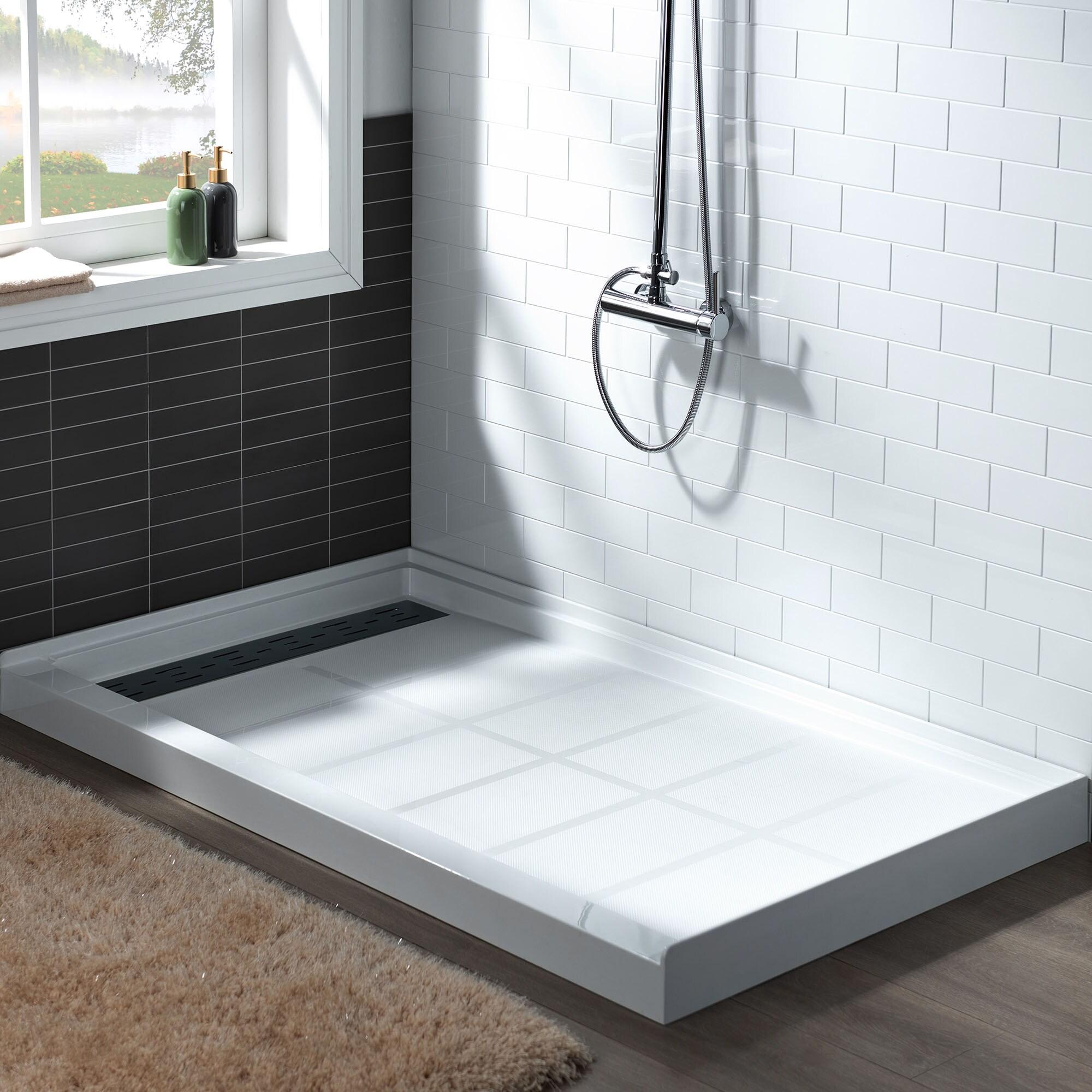 48" W x 36" Solid Surface Single Threshold Shower Pan Base with Drain Assembly & Drain Cover Included, Non-Slip