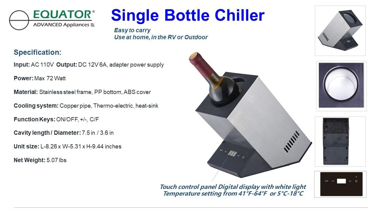 Equator Advanced Appliances Equator 110V/12V Portable Electric Wine Chiller for Red, White, Champagne, and Water Bottles, 750mL Single Bottle Cooler, Stainless Body, Rechargeable, 24h Cold, Ideal for Parties & Gifts