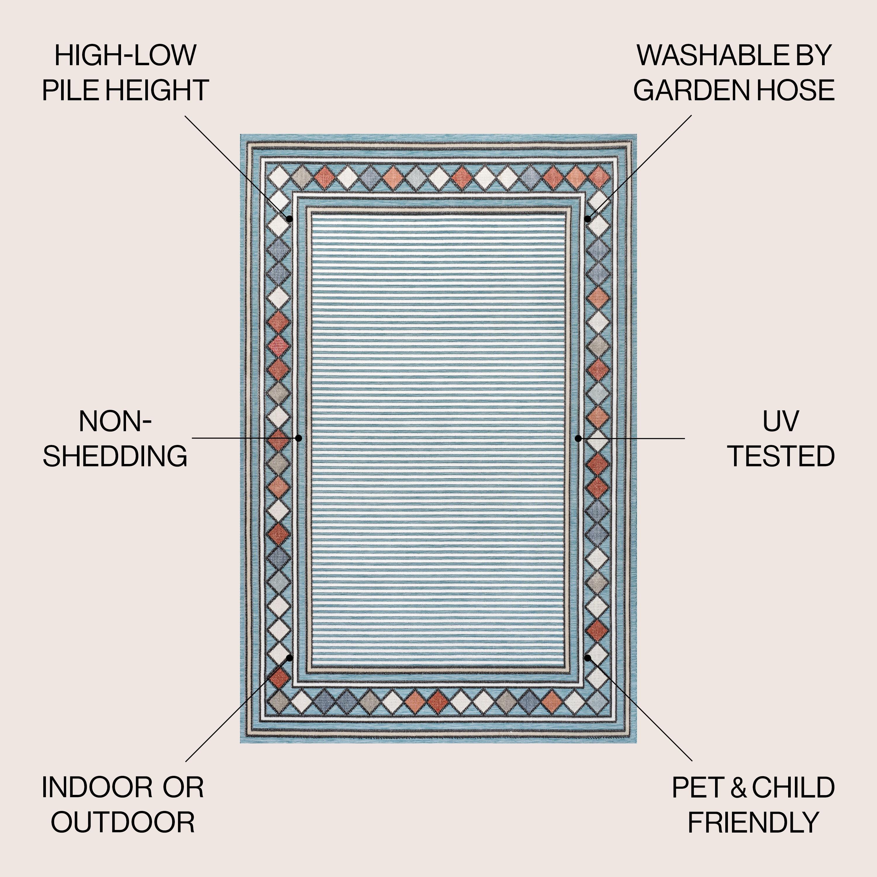 JONATHAN Y Sebastian High-Low Modern Diamond Border Blue/Ivory 5 ft. x 8 ft. Indoor/Outdoor Area Rug