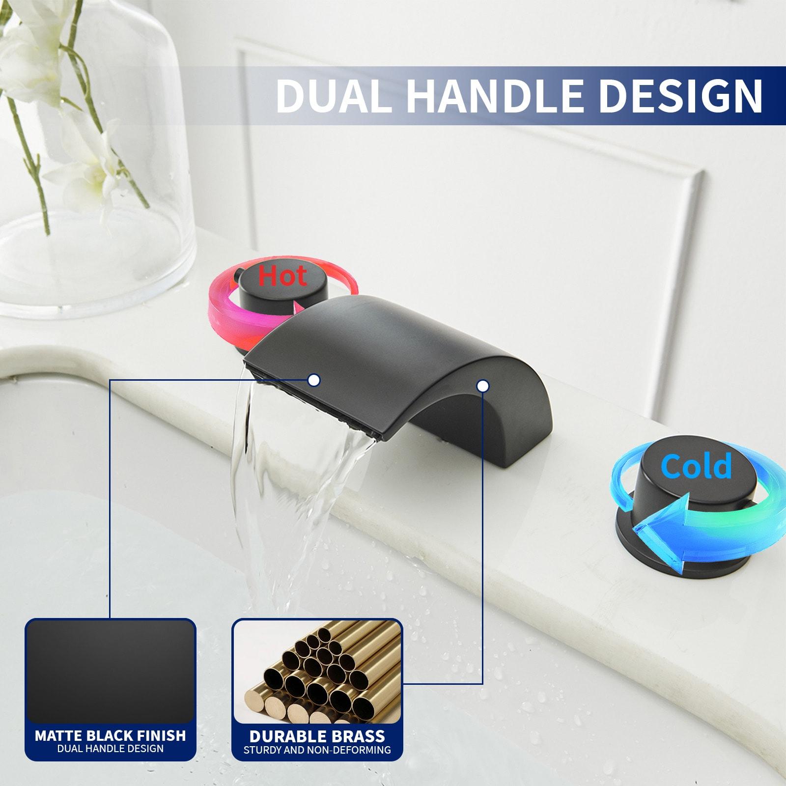 BWE 8 in. Widespread Waterfall Double Handle Three Holes Bathroom Faucet With Led Light in Black