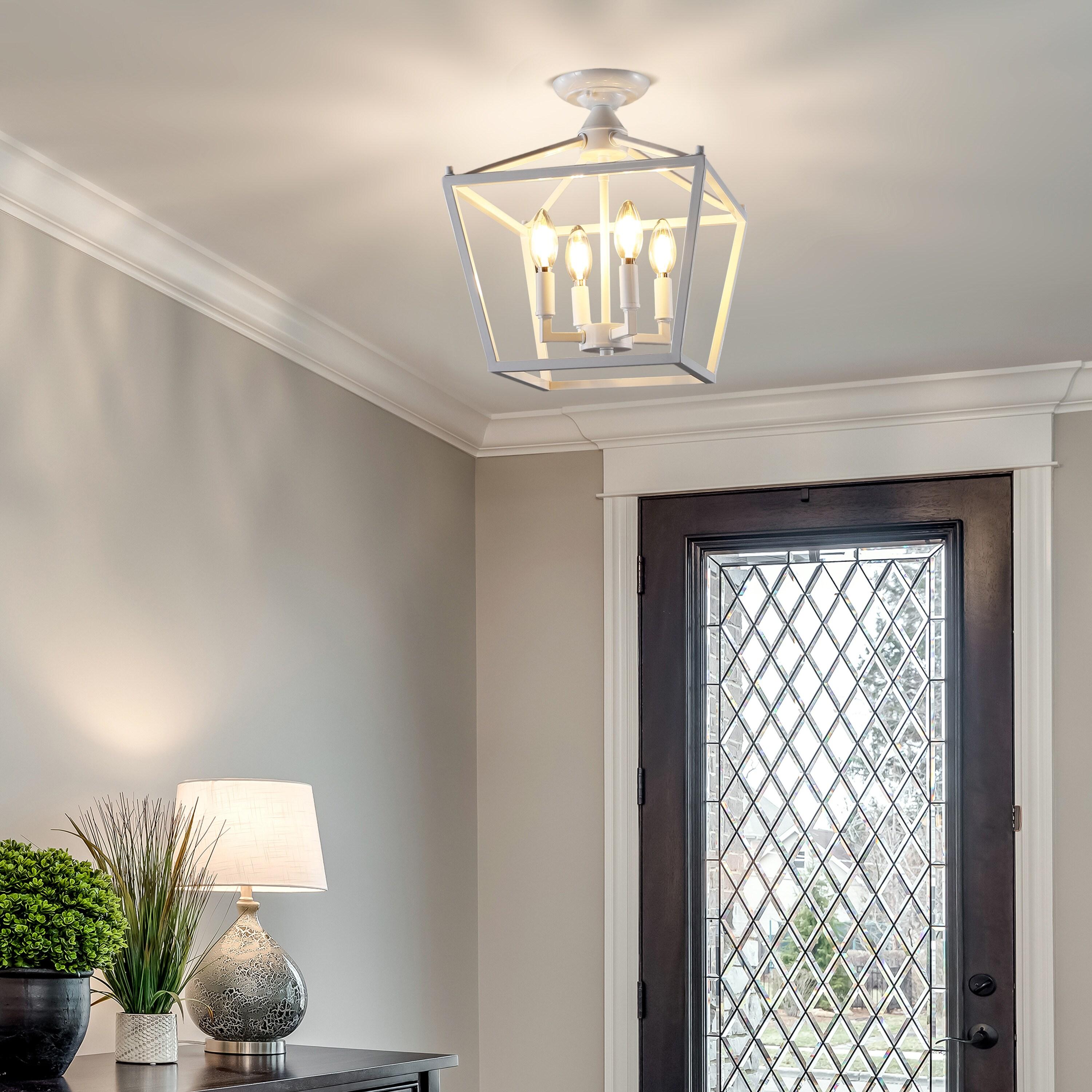 Plains Mini Lantern 12 in. 4-Light Iron Modern Farmhouse LED Flush Mount, White