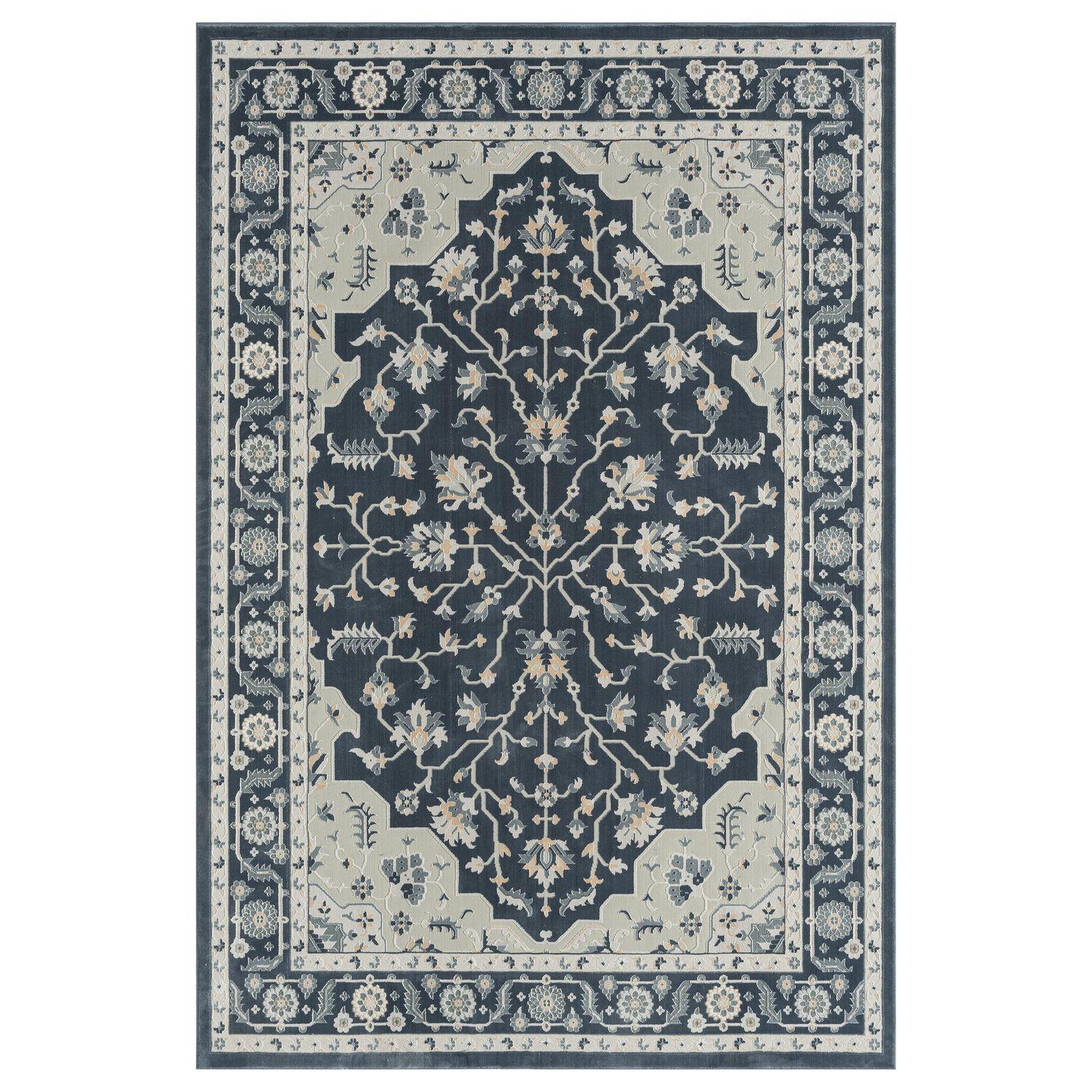 LR Home Imara Kate Navy/Light Gray Traditional Floral Polyester Area Rug, 5'3" x 7'6"