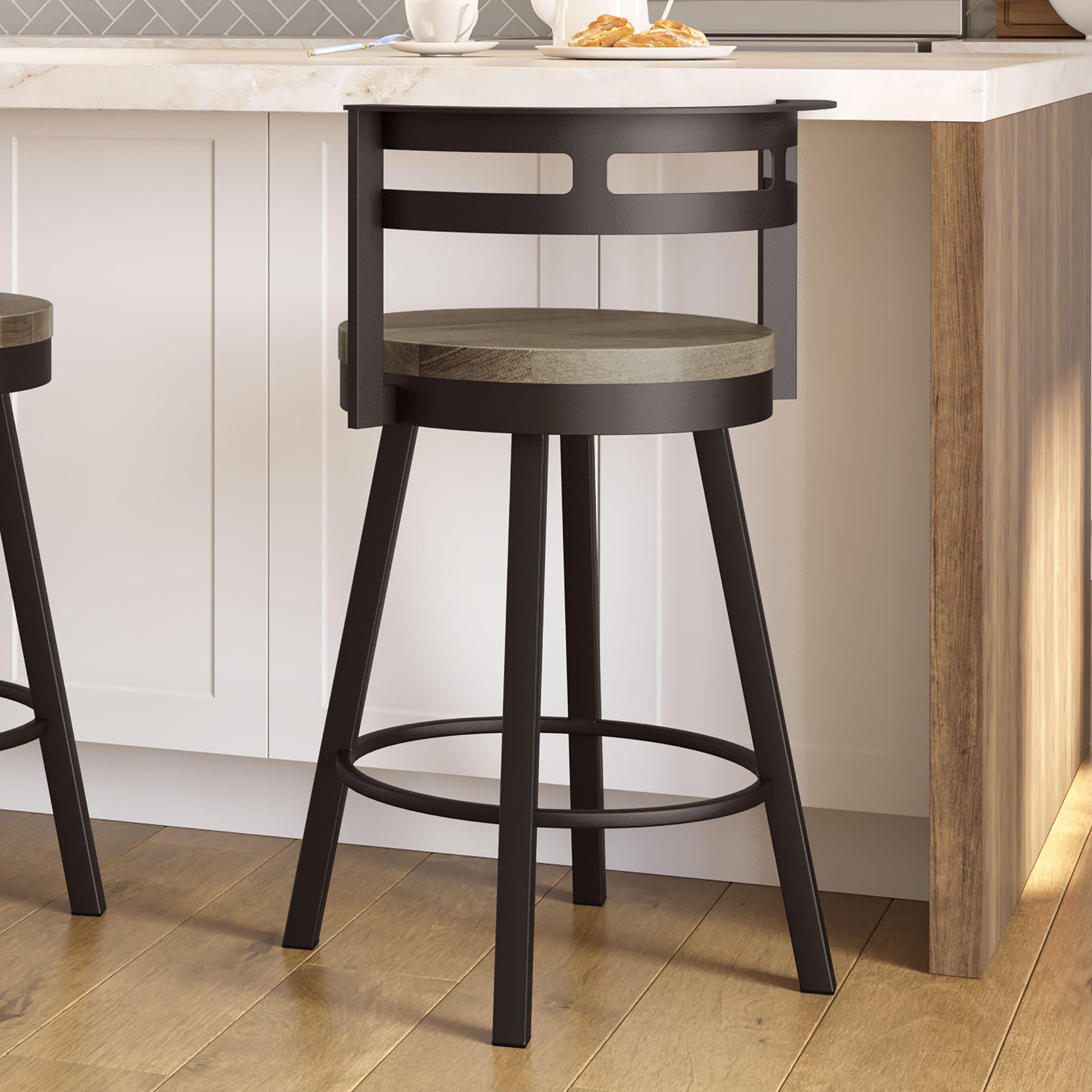 Amisco Vector Beige Distressed Wood / Dark Brown Metal 29.5-Inches H Bar height Round seat Swivel Metal Bar Stool with Arms and Back