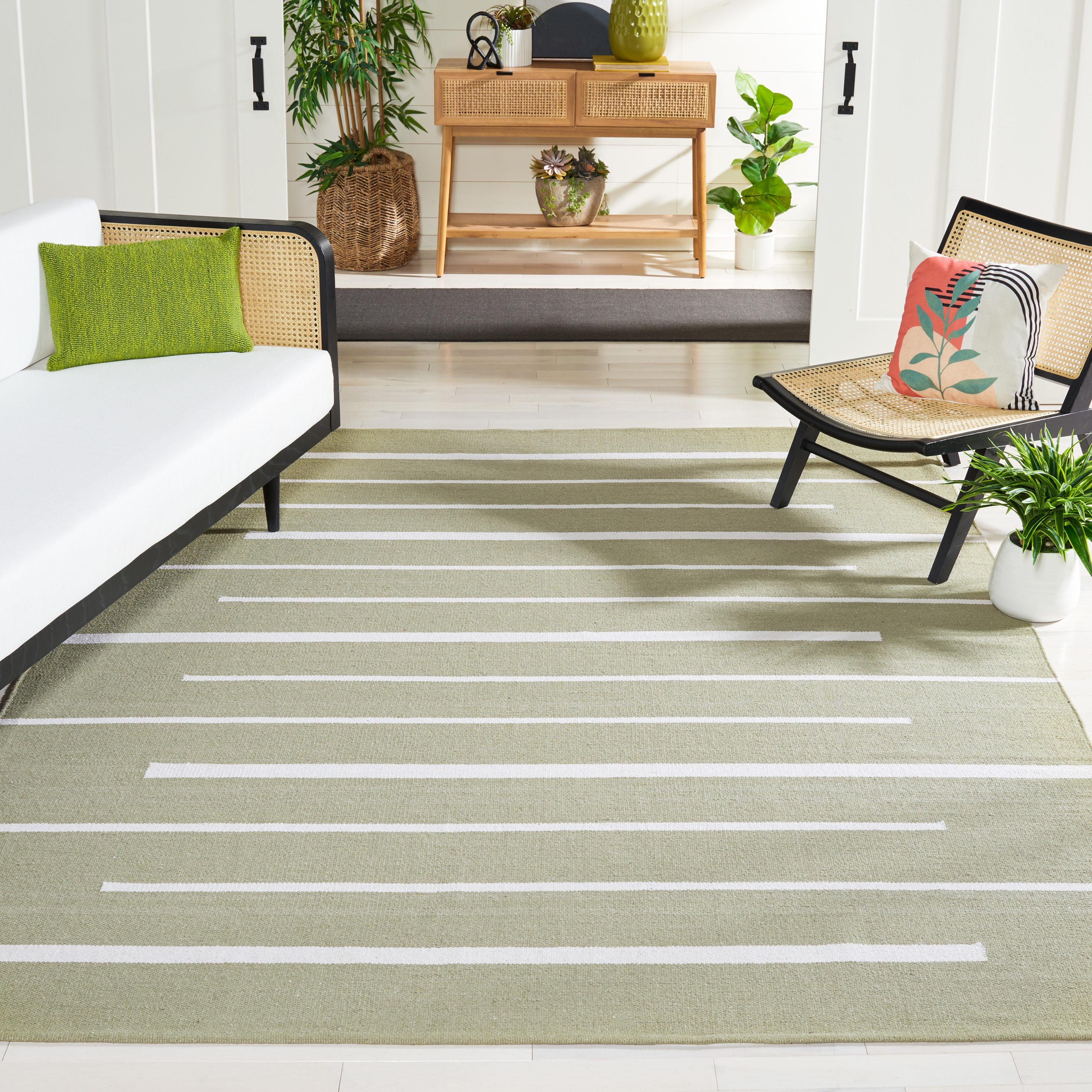 SAFAVIEH Montauk Oswald Geometric Striped Cotton Area Rug, Ivory/Light Green, 6' x 6' Square
