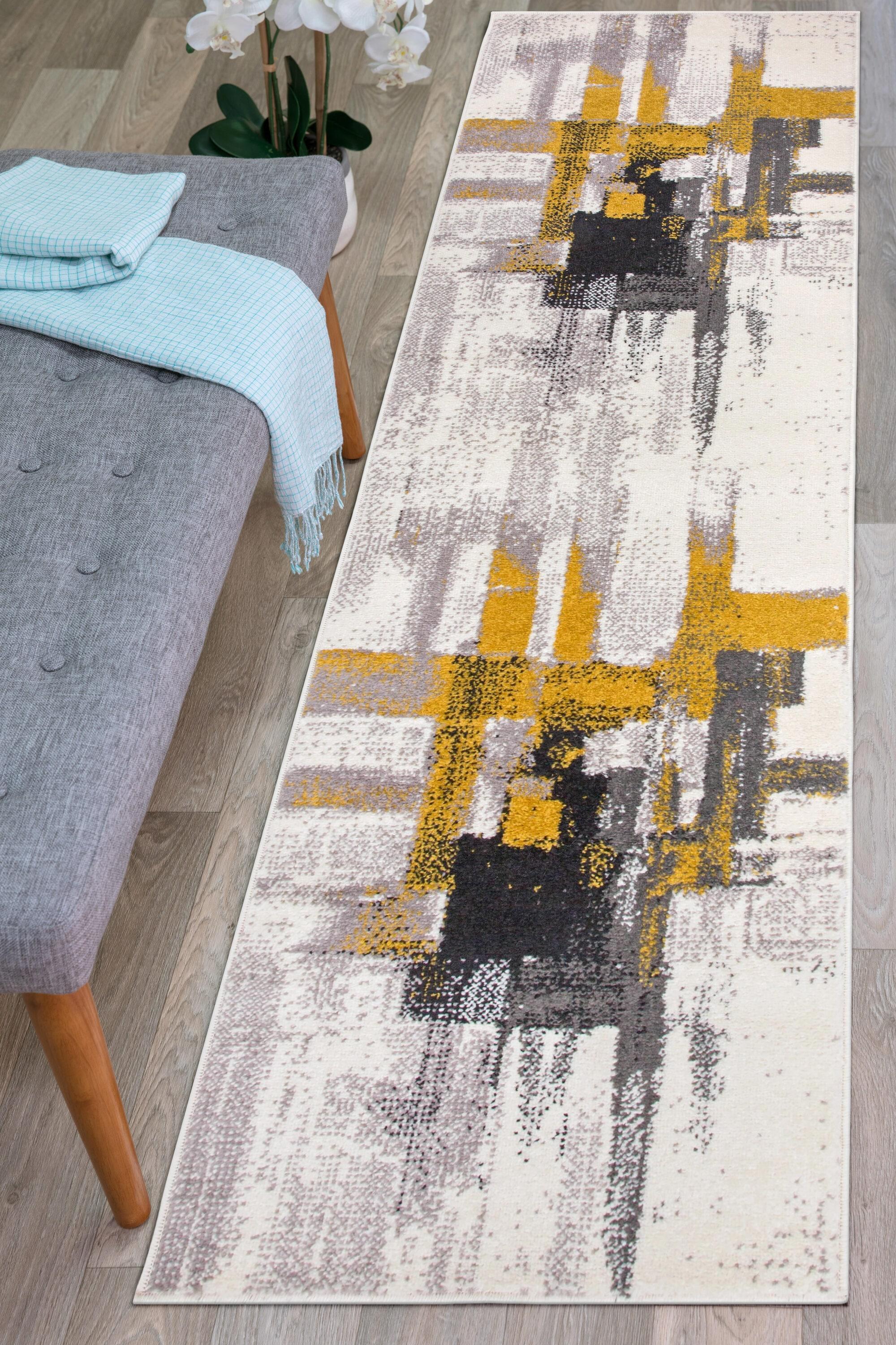 World Rug Gallery Contemporary Modern Abstract Gold 2' x 7' Runner Rug