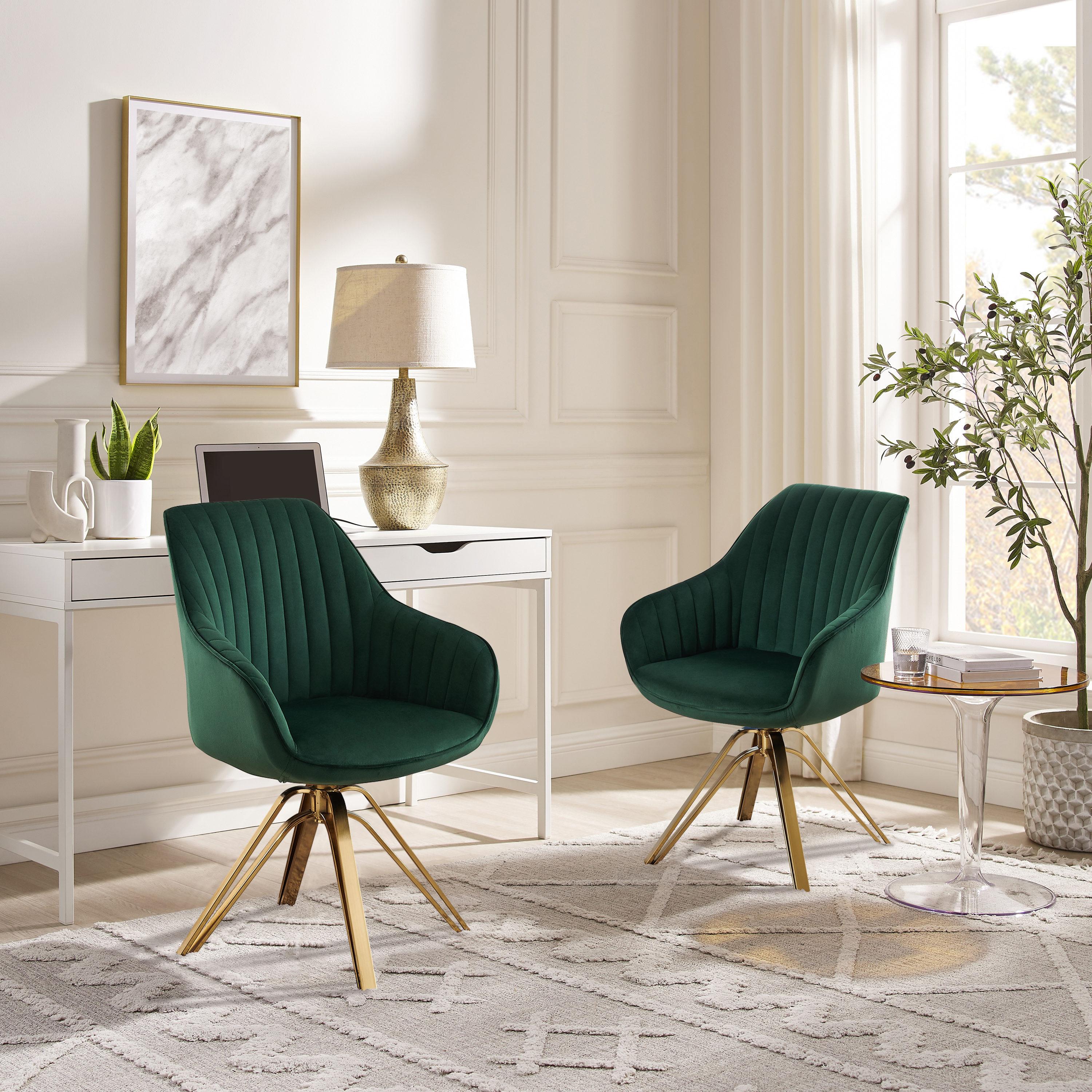 23 in. Green Velvet & Gold Swivel Arm Chair