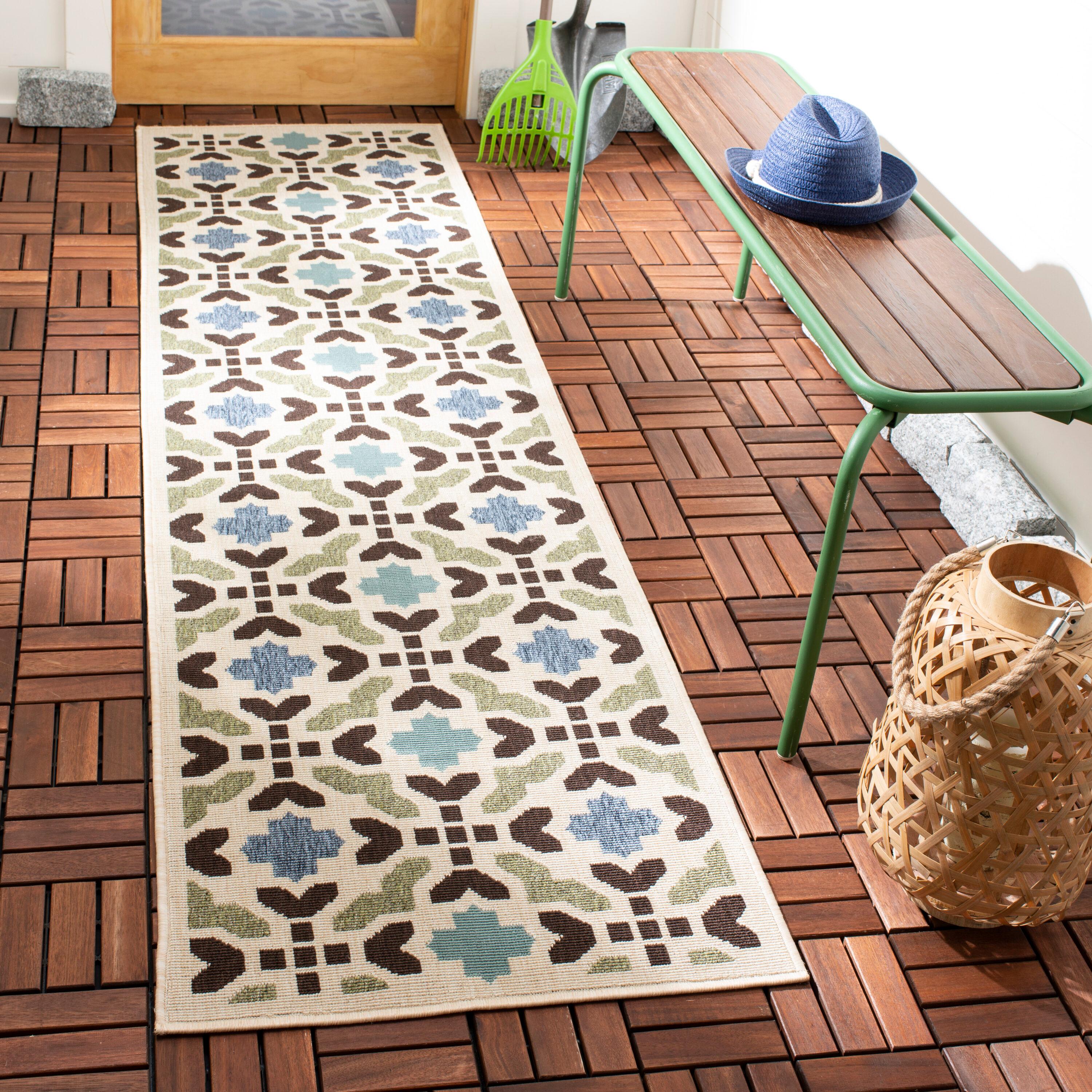 Veranda VER080 Power Loomed Indoor/Outdoor Runner Rug - Cream/Aqua - 2'3"x8' - Safavieh