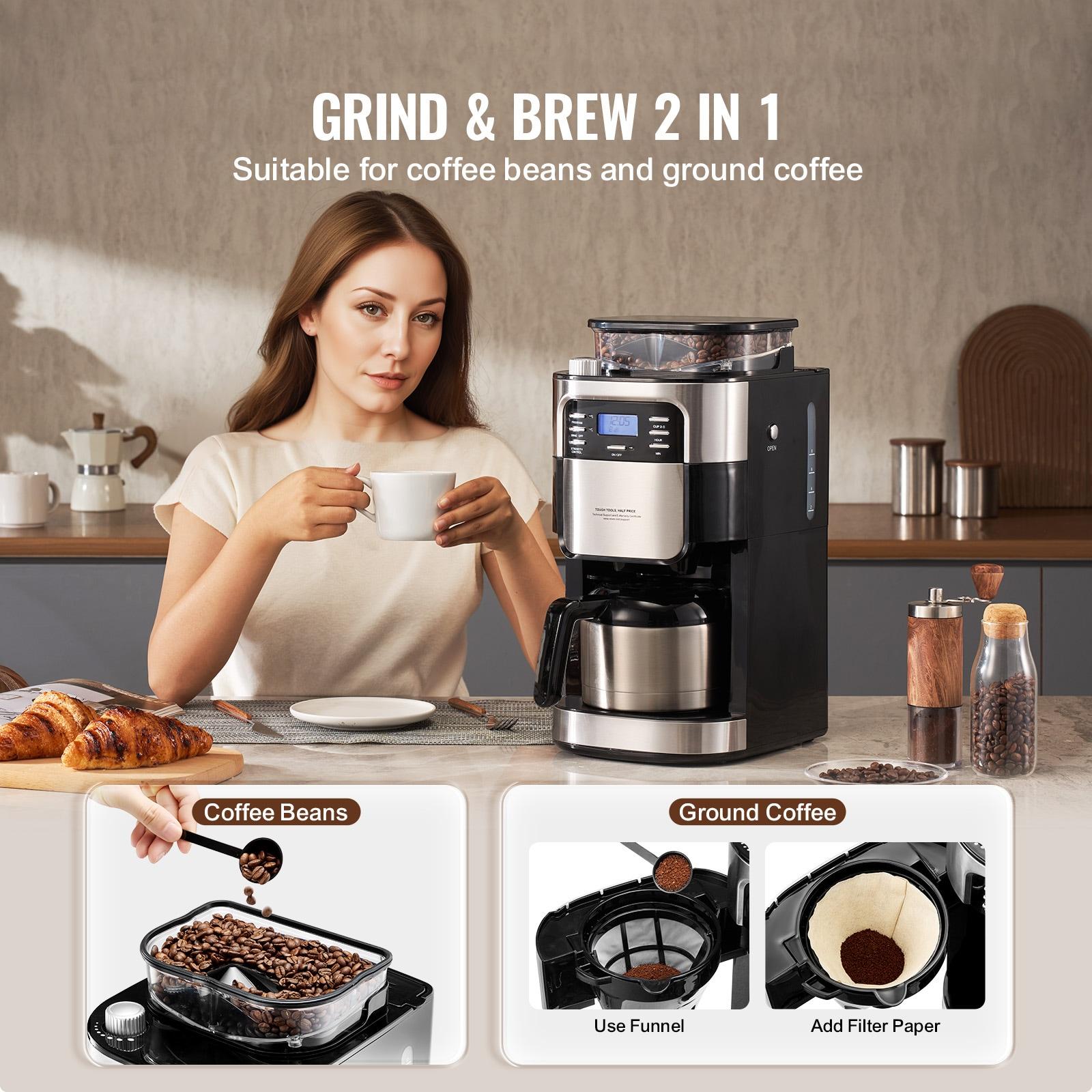 Grind and Brew Coffee Maker Machine, 8 Cup Capacity with 3 Brew Strength Options, Built in Timer for Auto Morning Brew, Ideal for Office Home Cafe, Black