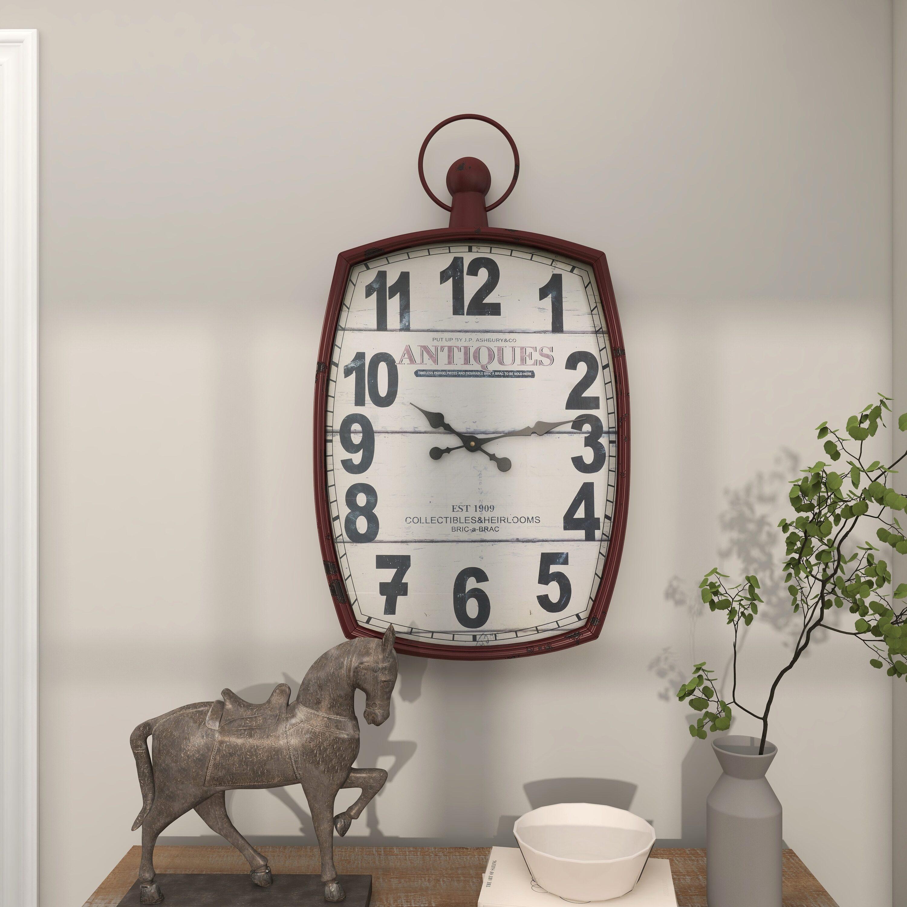DecMode 19" x 33" Red Metal Pocket Watch Style Wall Clock
