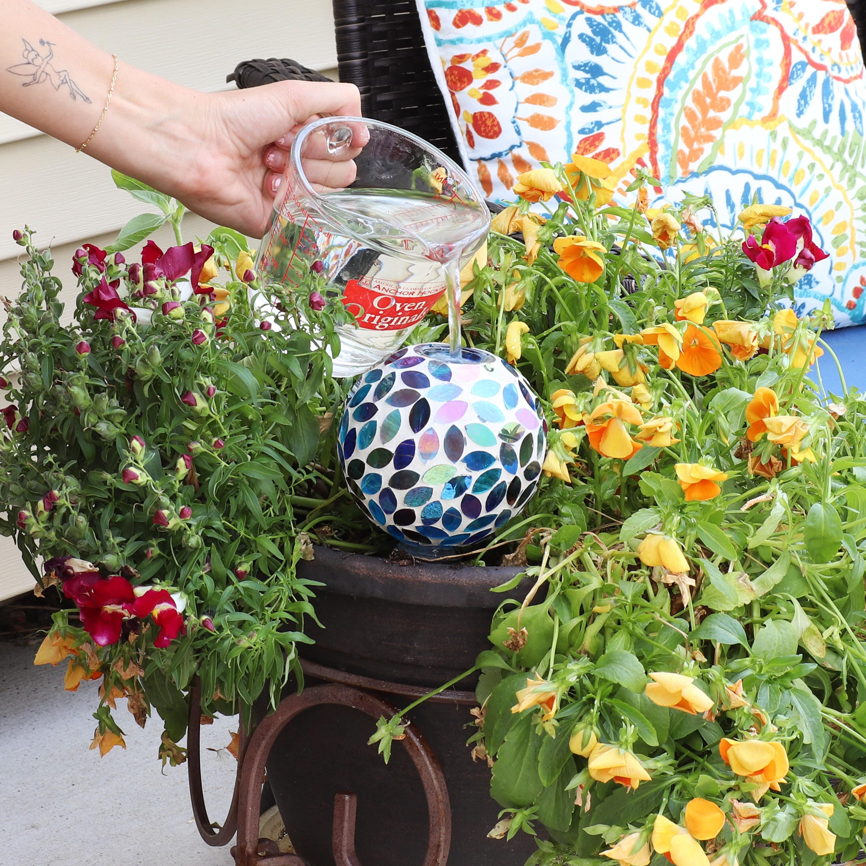 Sunnydaze Outdoor Mosaic Glass Watering Globe with Clay Spike for Planters - 9.5" - Spring Petals