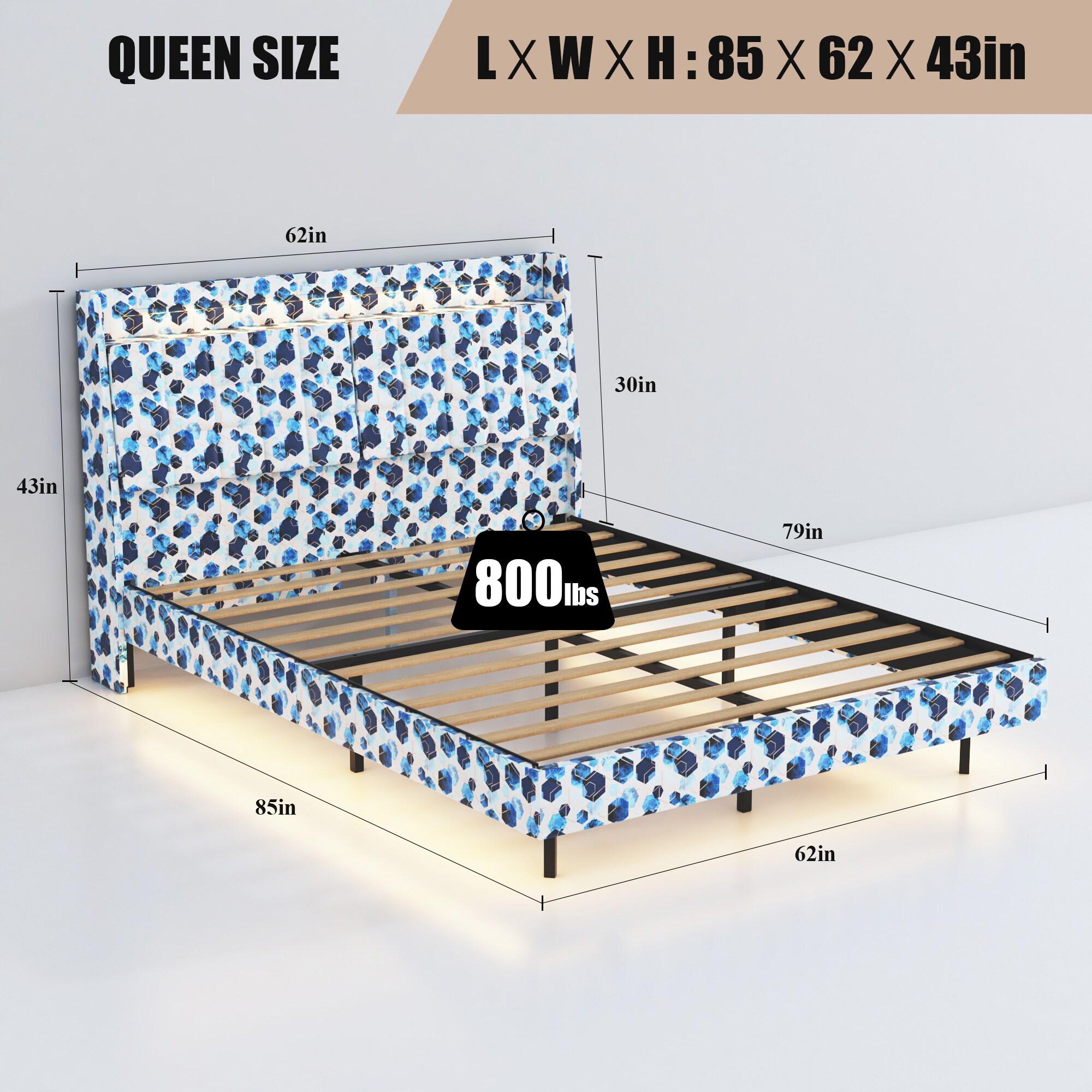 SYNGAR Floating Queen Bed Frame with Upholstered Storage Headboard, Modern Metal Bed Frame with LED Light and Charging Station, Noise Free, Wood Slat Support, No Box Spring Needed, Muticolor