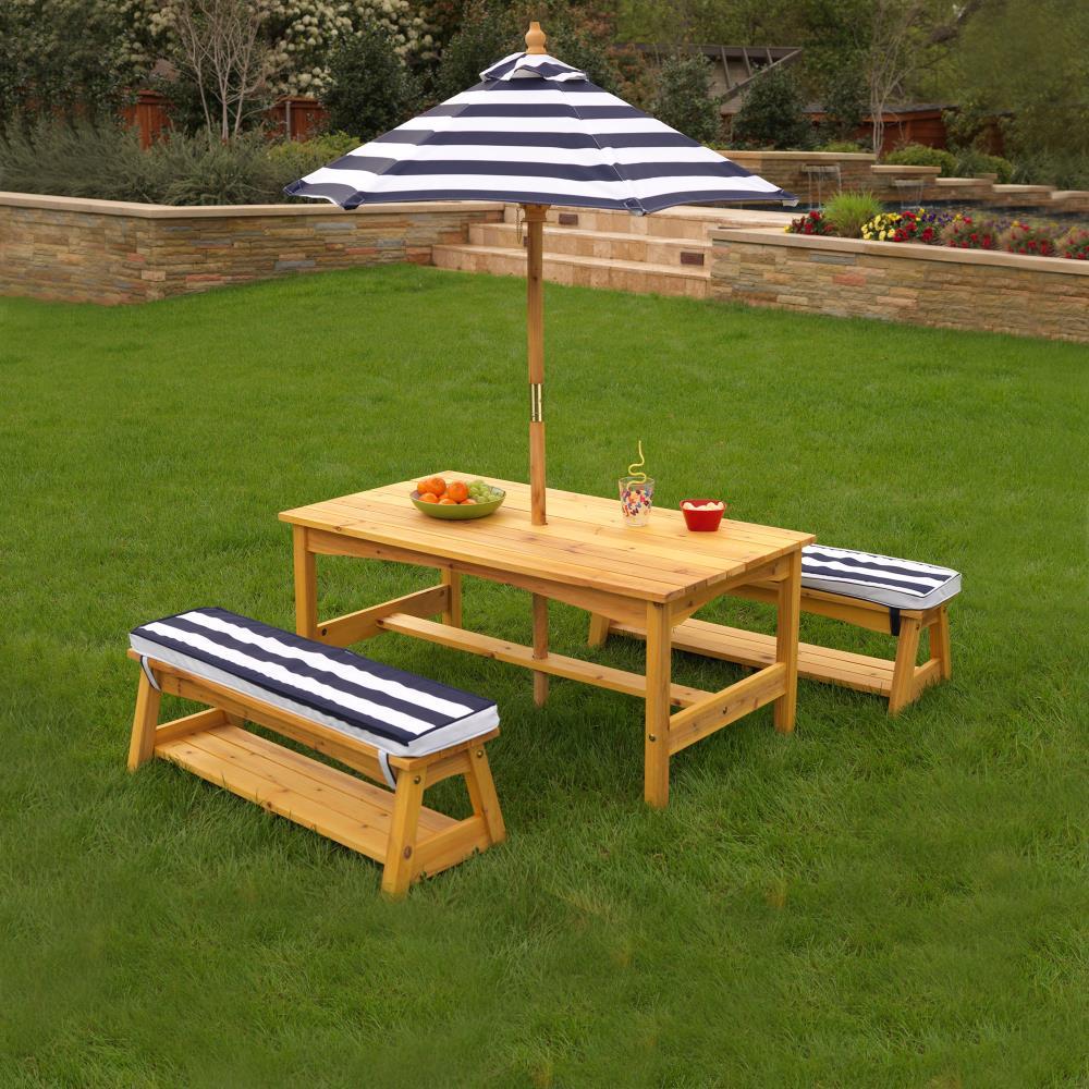 Outdoor Wooden Table & Benches with Cushions & Umbrella, Navy