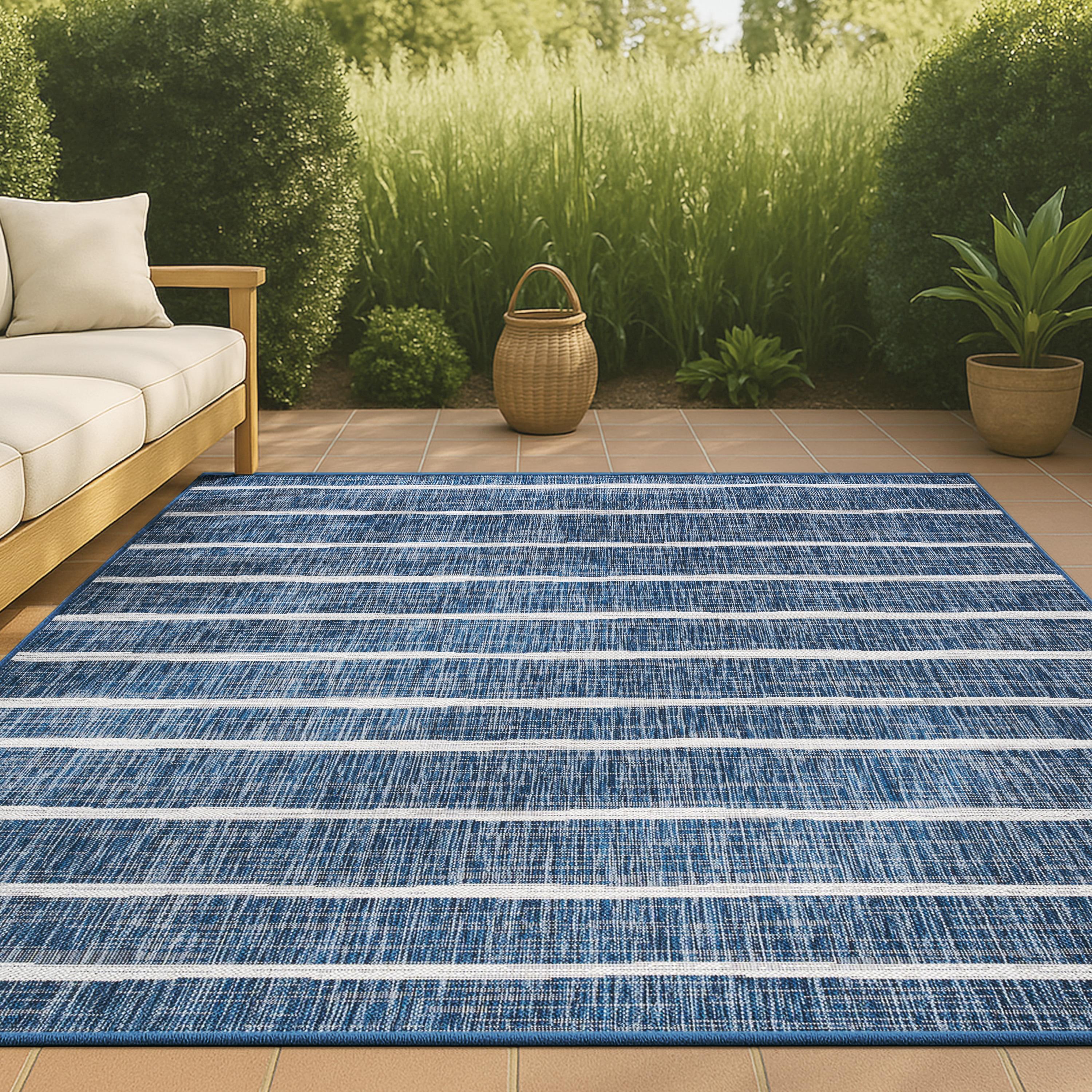 8'x10' Colonia Berber Stripe Indoor/Outdoor Area Rug, Blue/Ivory - JONATHAN Y