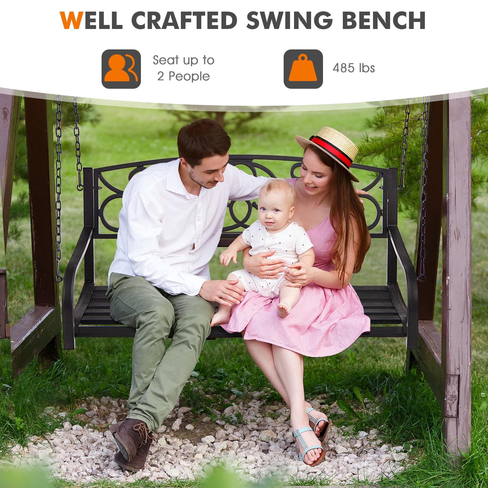 Resenkos Porch Swing, 2-Person Outdoor Porch Metal Hanging Swing Chair with Sturdy Chains-Brown, Hanging Outdoor Porch Swings for Garden, Backyard