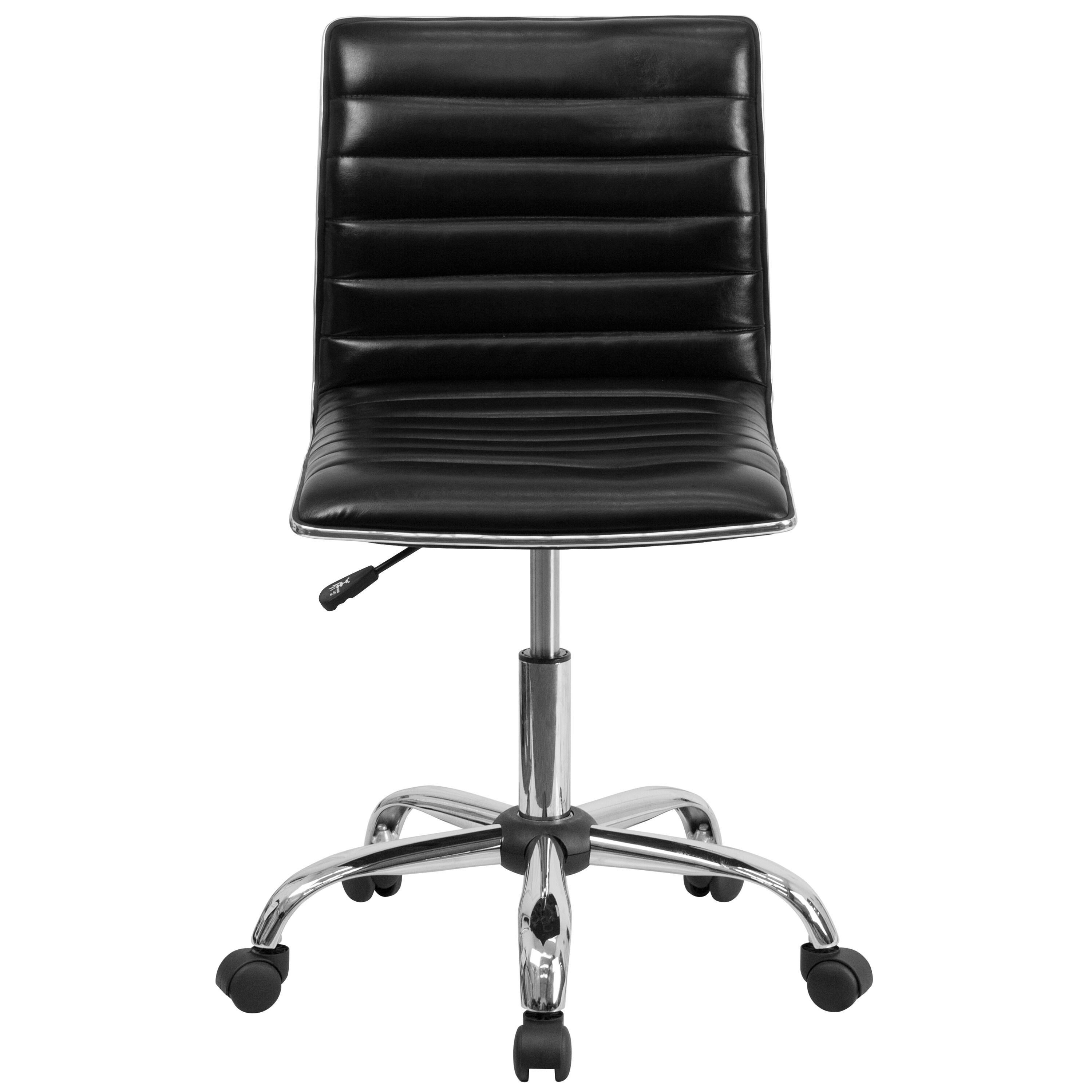 QueelQuest Adjustable Task Chair PU Leather Low Back Ribbed Armless Swivel Black Desk Chair Office Chair Wheels (Black)