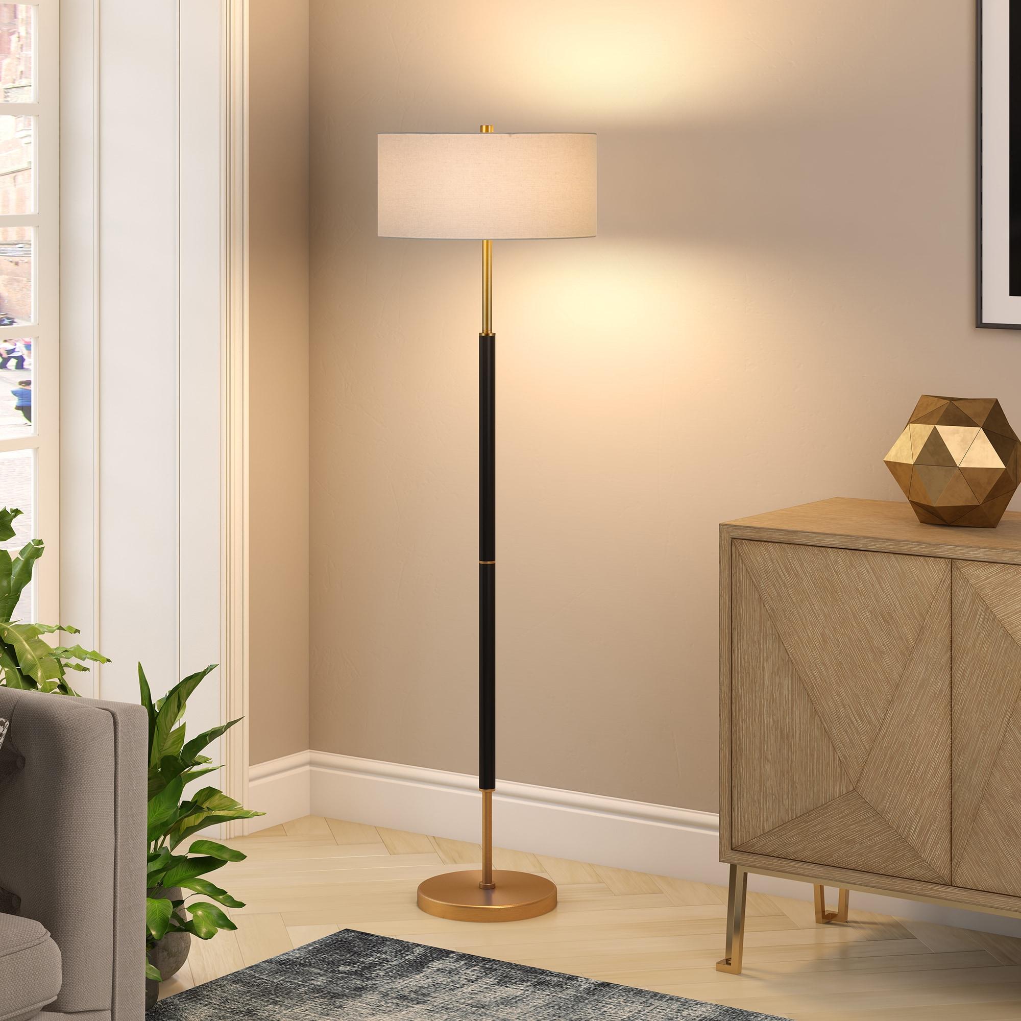 Evelyn&Zoe Simone 2-Light Floor Lamp with Fabric Shade, Matte Black/Brass/White