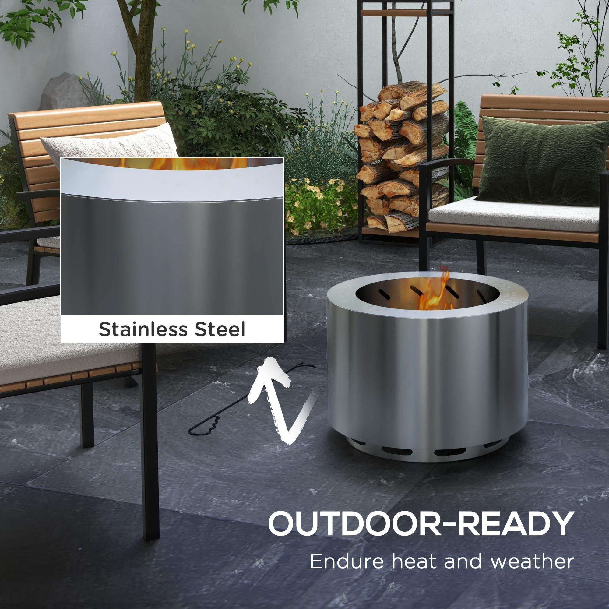Outsunny Smokeless Fire Pit, 19" Wood Burning Firepit with Poker, Stainless Steel, Silver