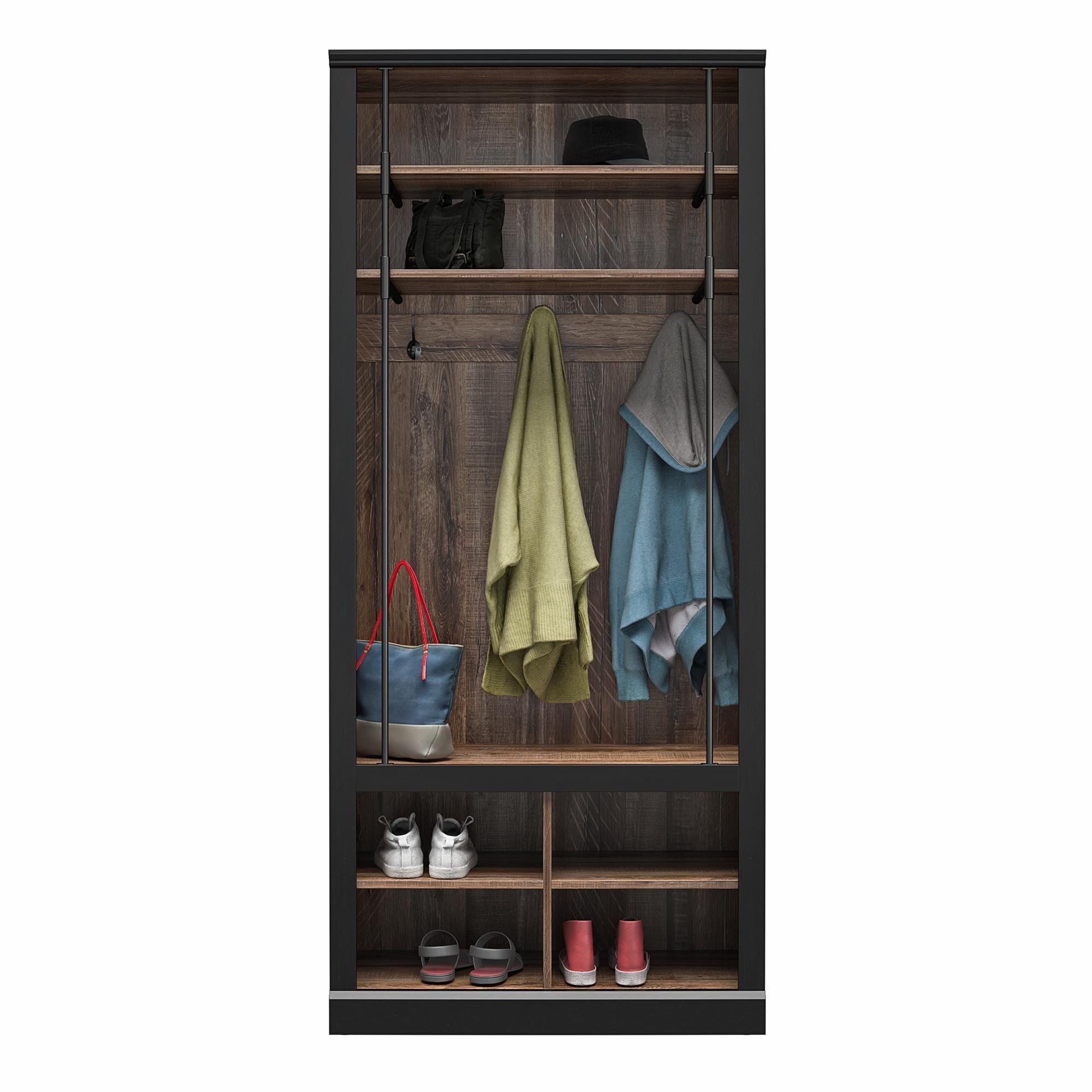 Ameriwood Home Hoffman Entryway Hall Tree with Bench and Storage Cubbies, Black and Walnut