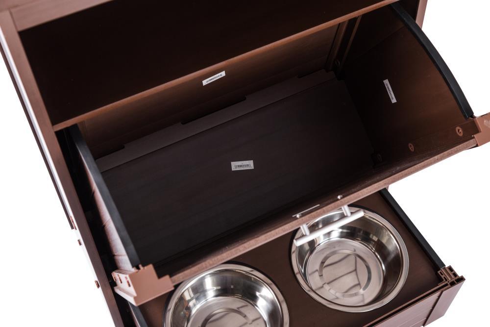 New Age Pet® ECOFLEX® Dog Food Pantry with Double Stainless Steel Bowls - Durable Composite, Includes 2x 32oz Bowls, Storage for 25 lbs of Dog Food, Easy Assembly, Moisture Resistant