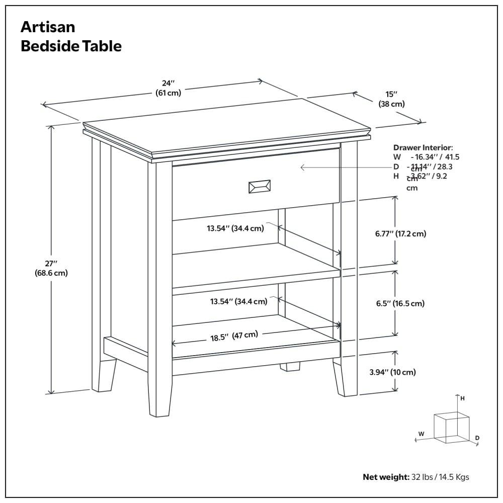 Simpli Home Artisan 24"W Solid Wood Nightstand with Drawer and Shelves