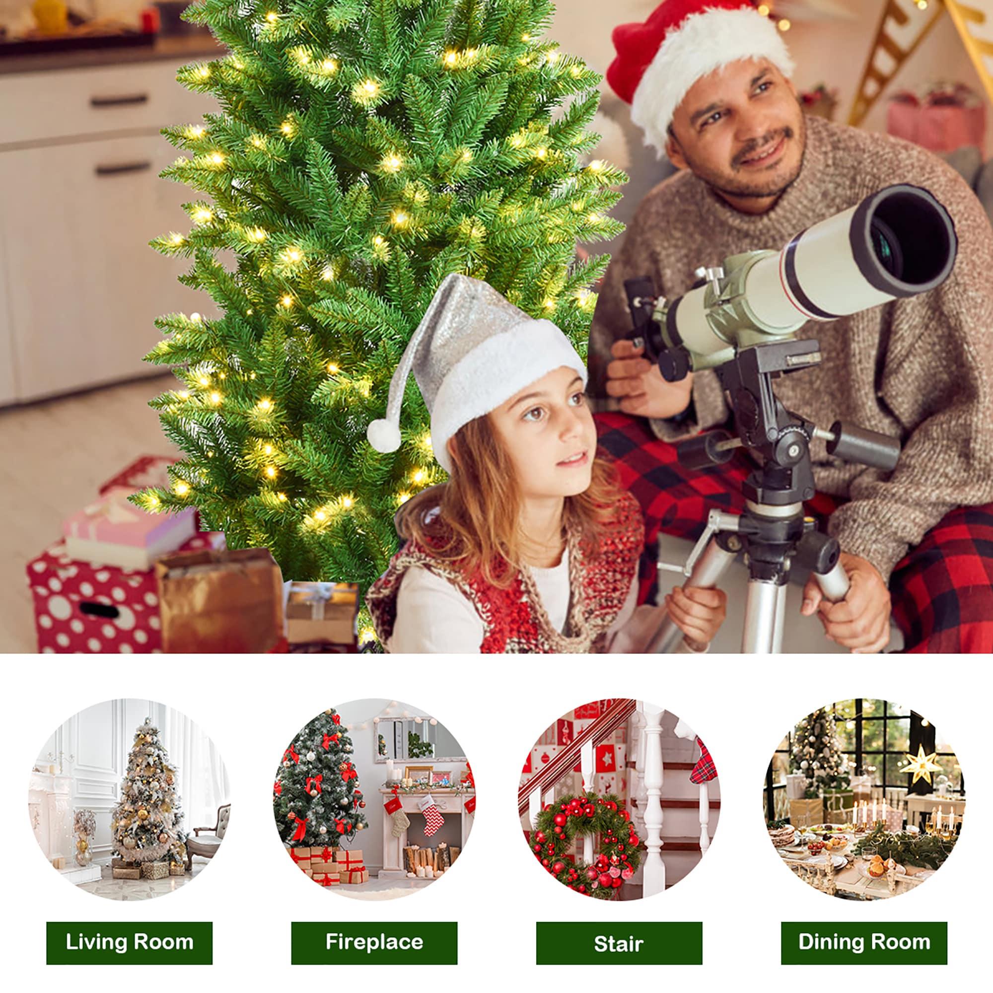Costway 7Ft Pre-lit Artificial Pencil Christmas Tree Hinged Fir PVC Tree with 350 LED Lights