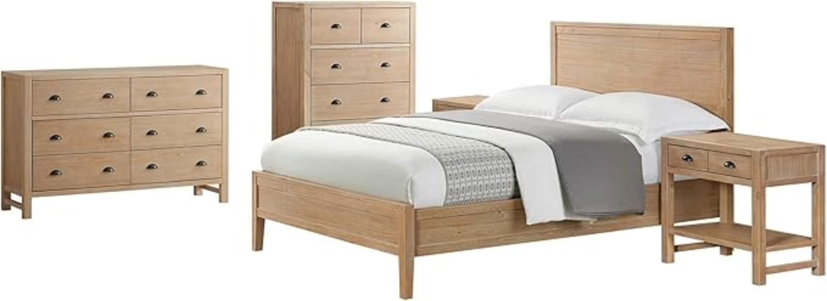 Arden 5-Piece Bedroom Set - Queen Bed, Two 2-Drawer Nightstands, 5-Drawer Chest, 6-Drawer Double Dresser, Solid Pine Wood, Light Driftwood Finish, Modern Rustic Style