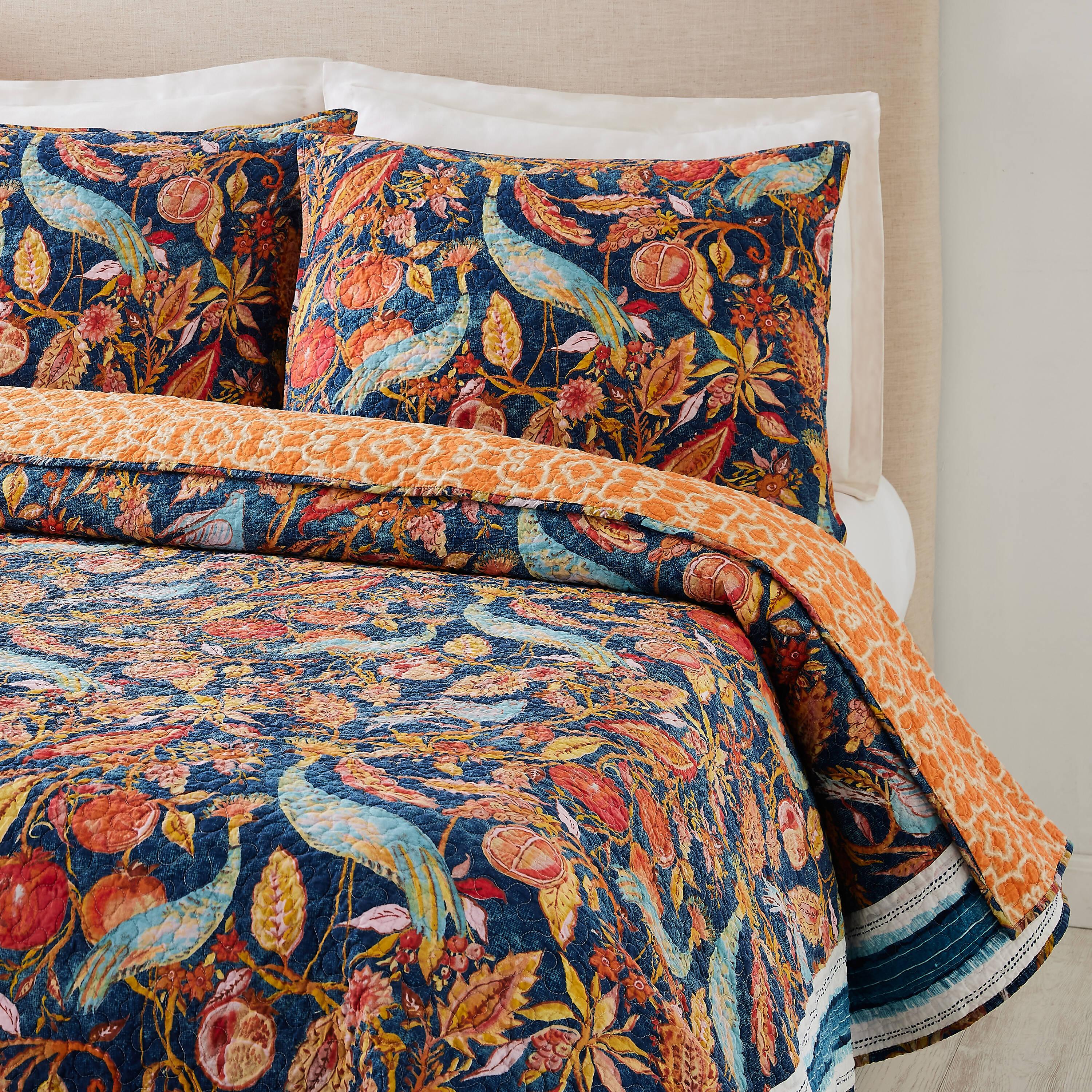 Peacock Garden Cotton Reversible 3 Piece Quilt Set