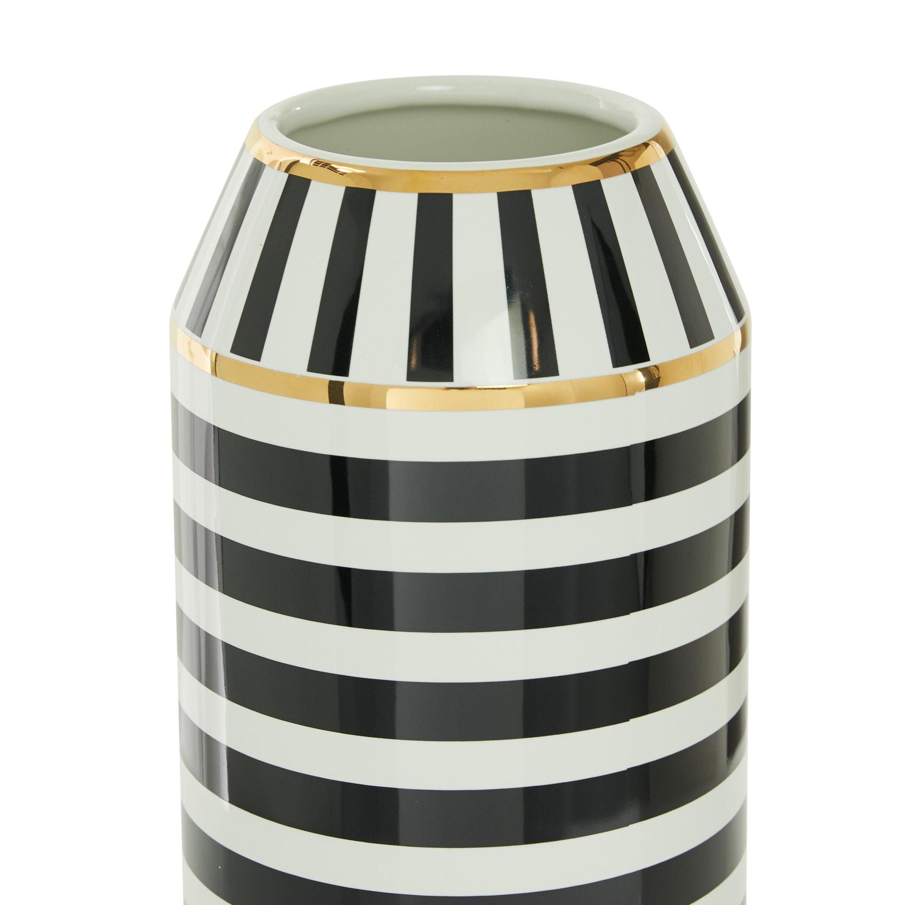 DecMode 16" Striped Black Ceramic Vase with Gold Accents