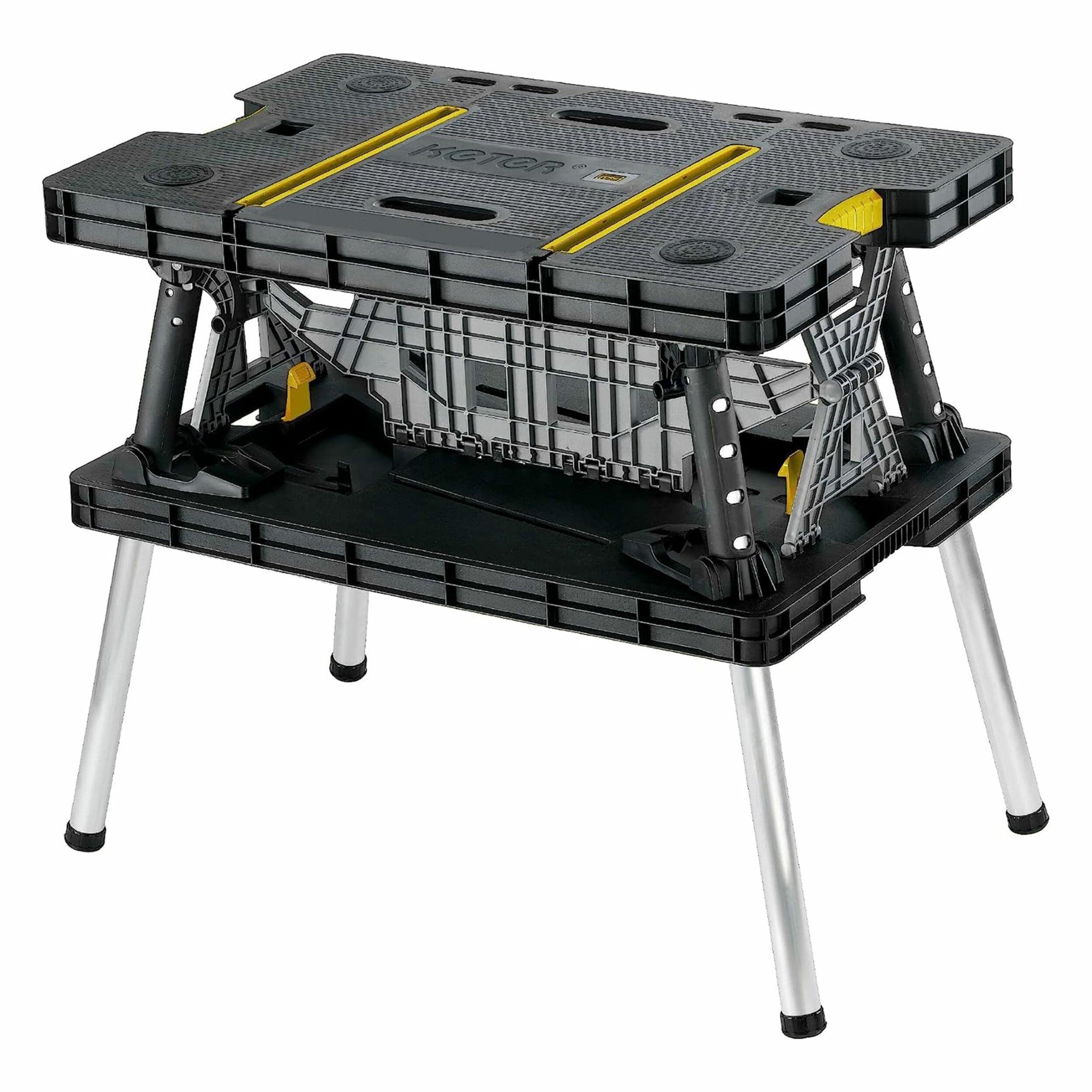 Keter Folding Portable Workbench Sawhorse with (2) 12" Clamps, Black and Yellow