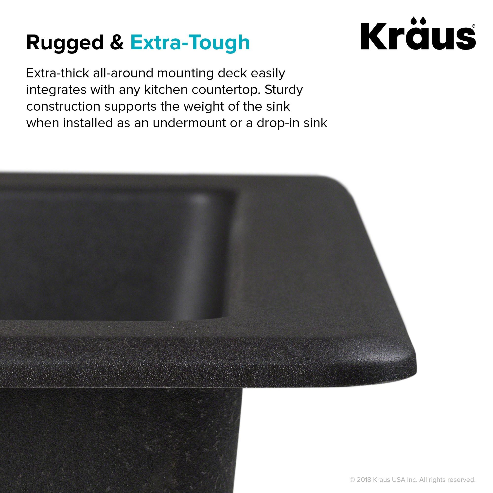 Kraus Quarza 25 Dual Mount Single Bowl Granite Kitchen Sink and Strainer in Grey