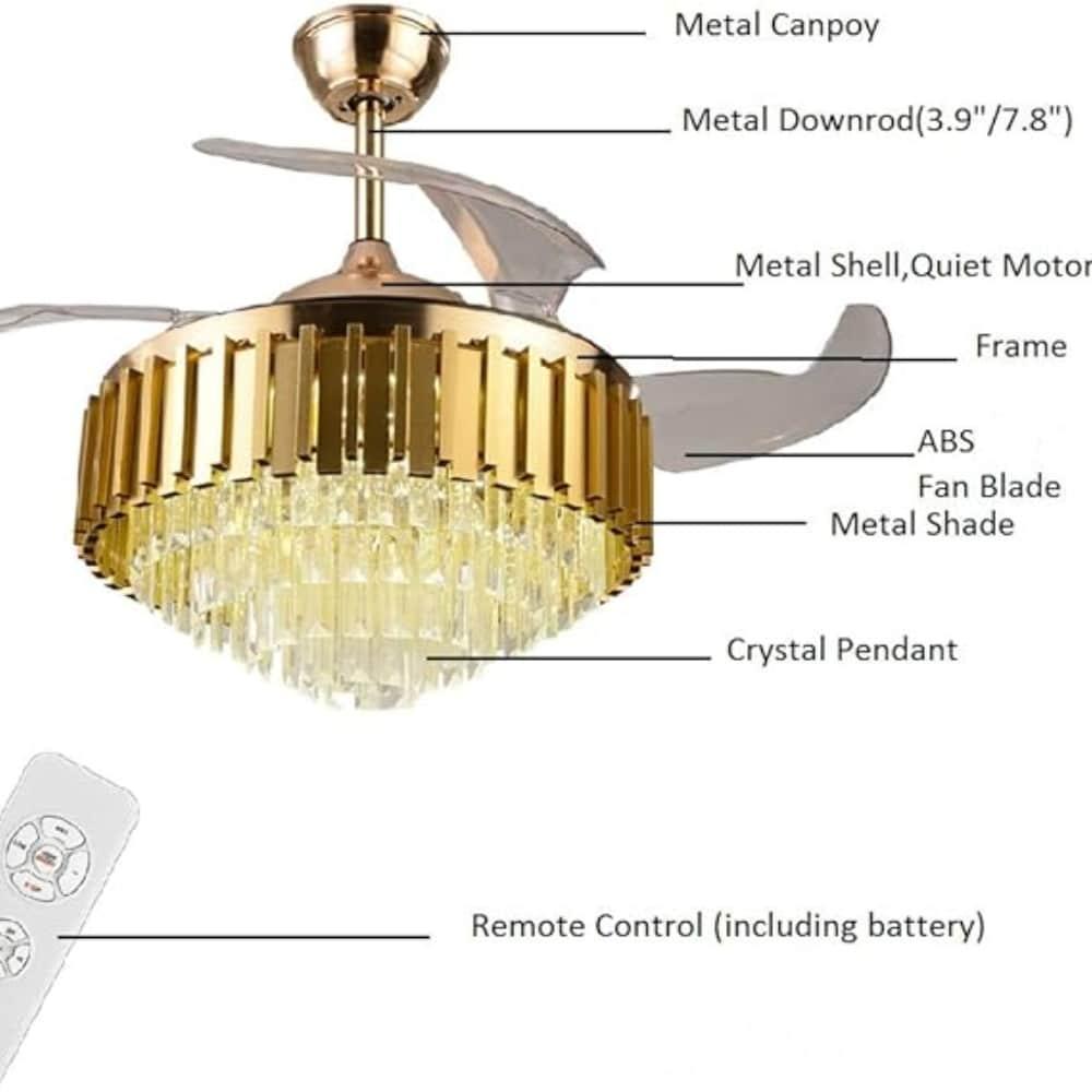 42 in. Integrated LED Indoor Gold Luxury Automatic Retractable Crystal Ceiling Fan with Remote