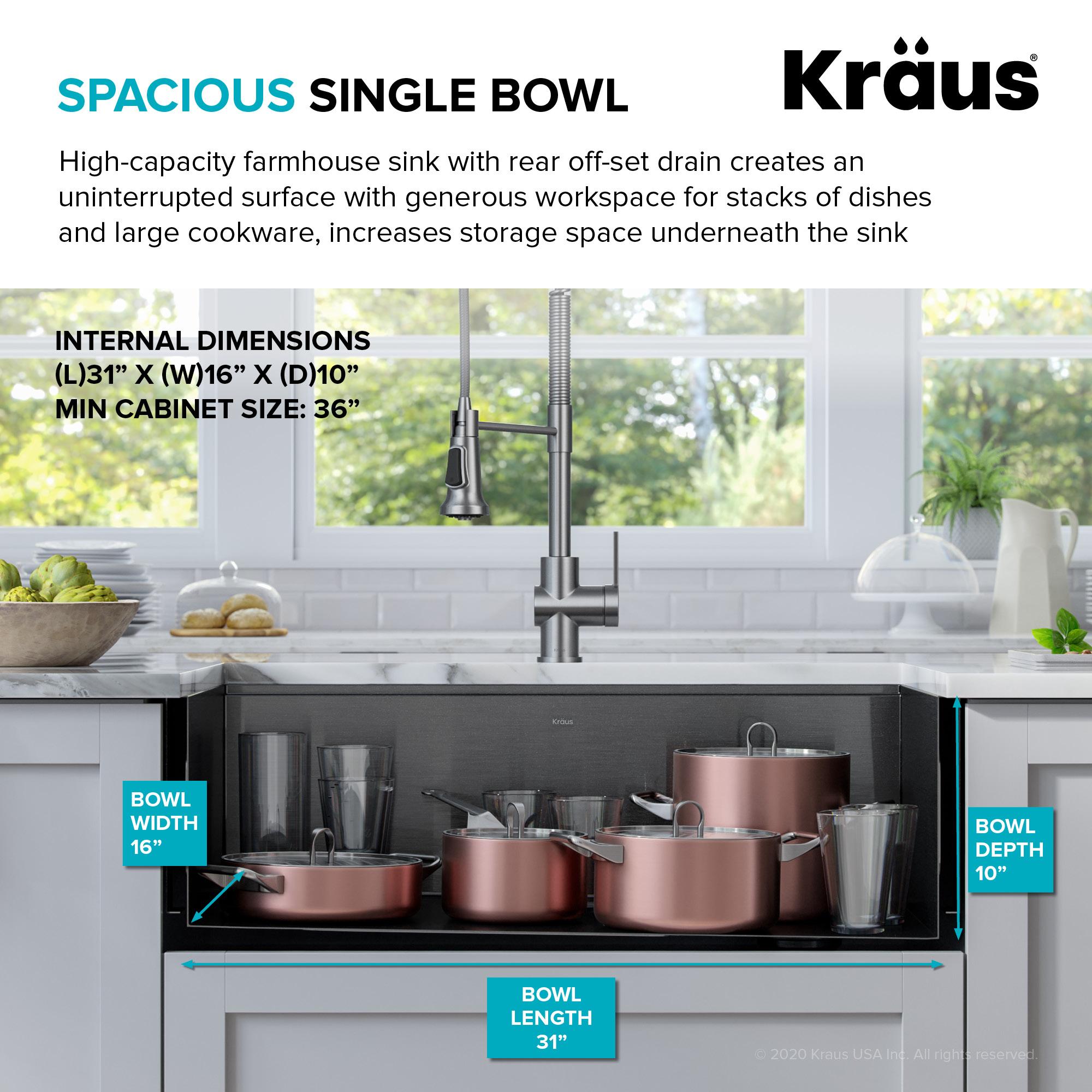 KRAUS Kore™ Workstation 33" L Farmhouse Apron Front 16 Gauge Black Stainless Steel Single Bowl Kitchen Sink