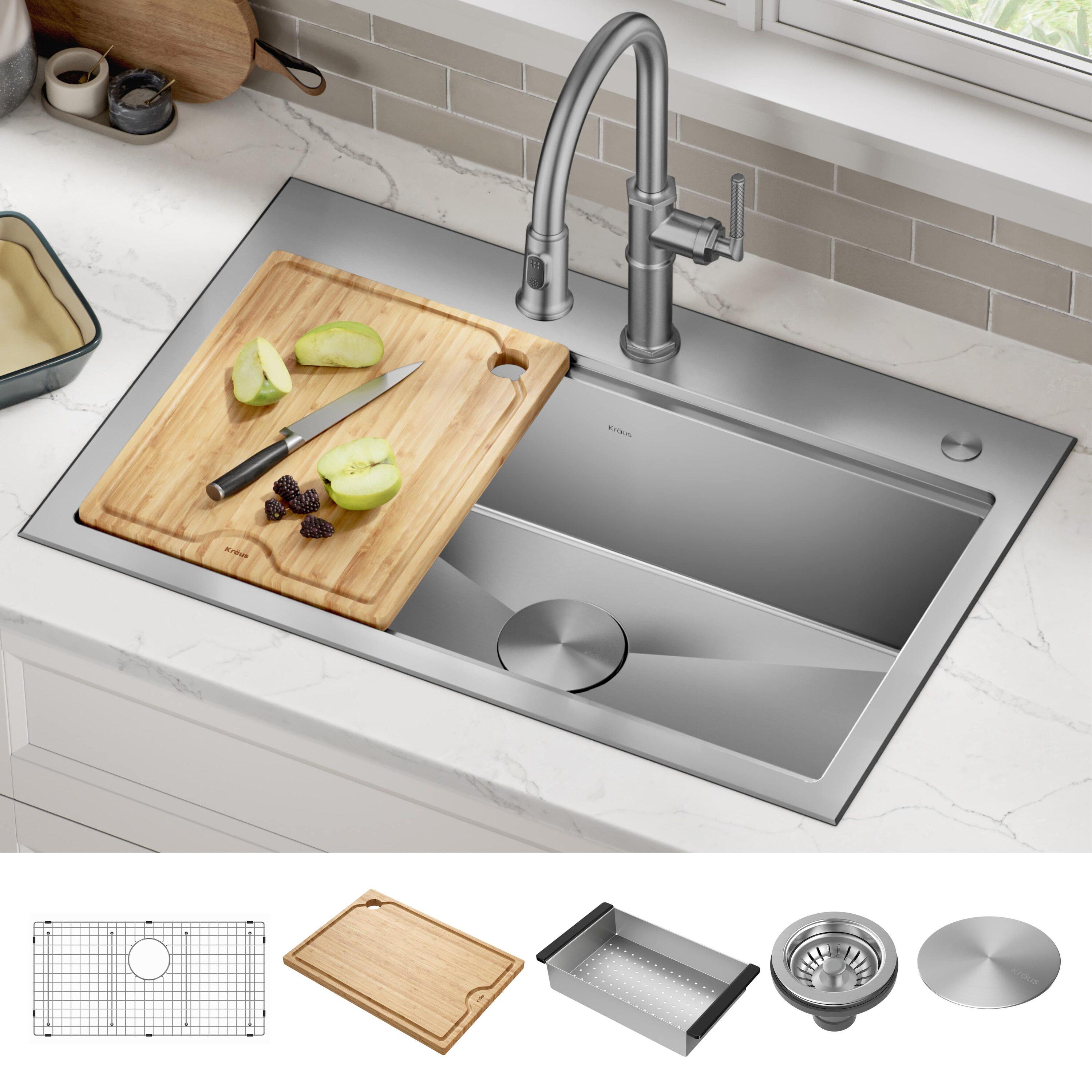 KRAUS Kore™ Workstation 32-inch L Drop-In Single Bowl Stainless Steel Kitchen Sink with Accessories (Pack of 5)