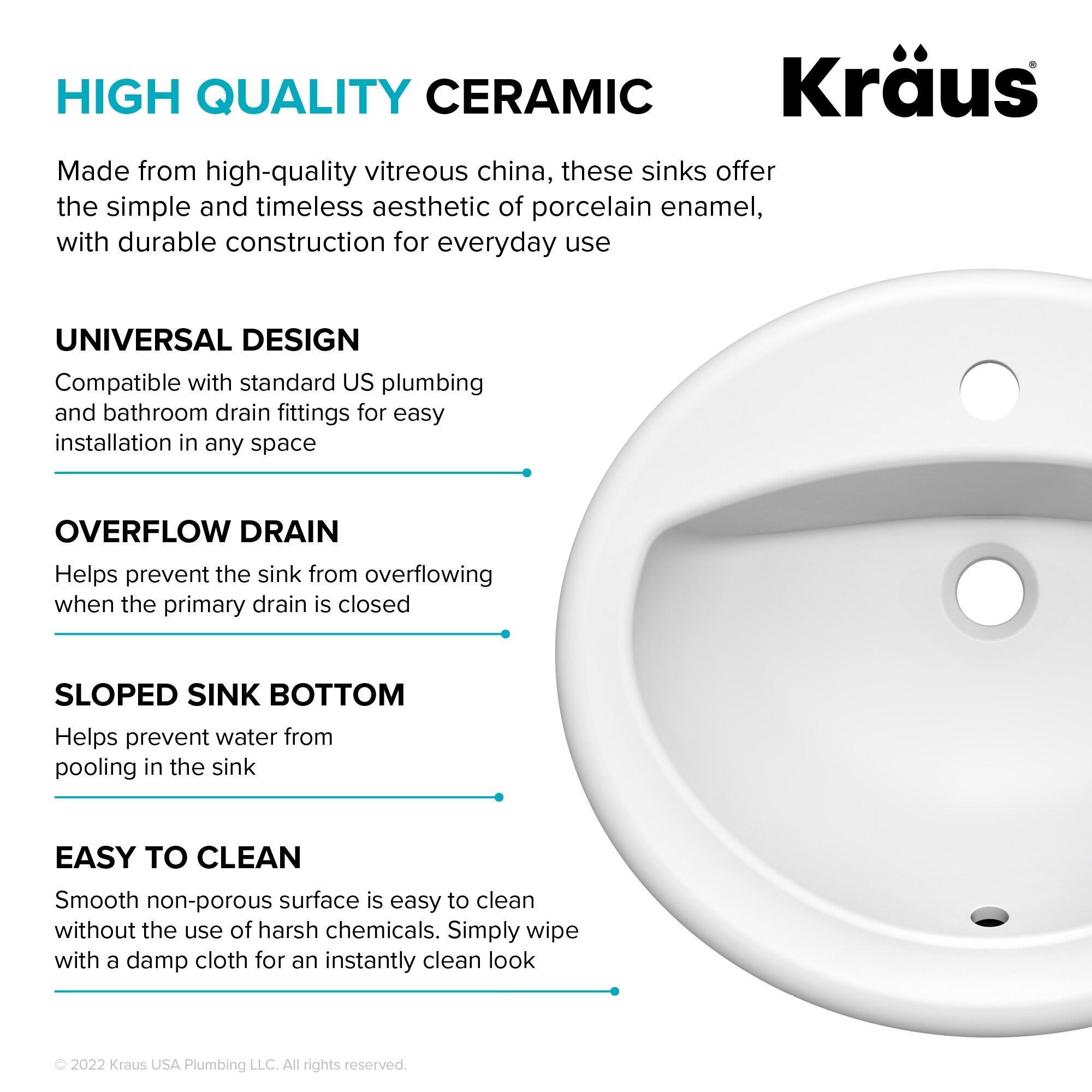 KRAUS Elavo. Oval Porcelain Ceramic Self-Rimming Drop In Bathroom Sink In White With Overflow Drain, KCT-100