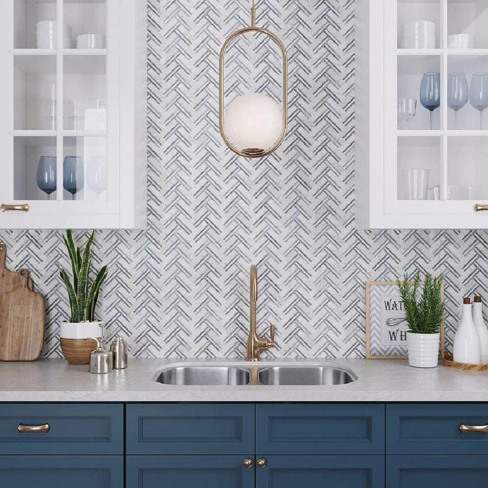 Apollo Tile   5 pack Blue and White 11.3-in. x 12-in. Herringbone Polished Marble Mosaic Tile (4.71 Sq ft/case)