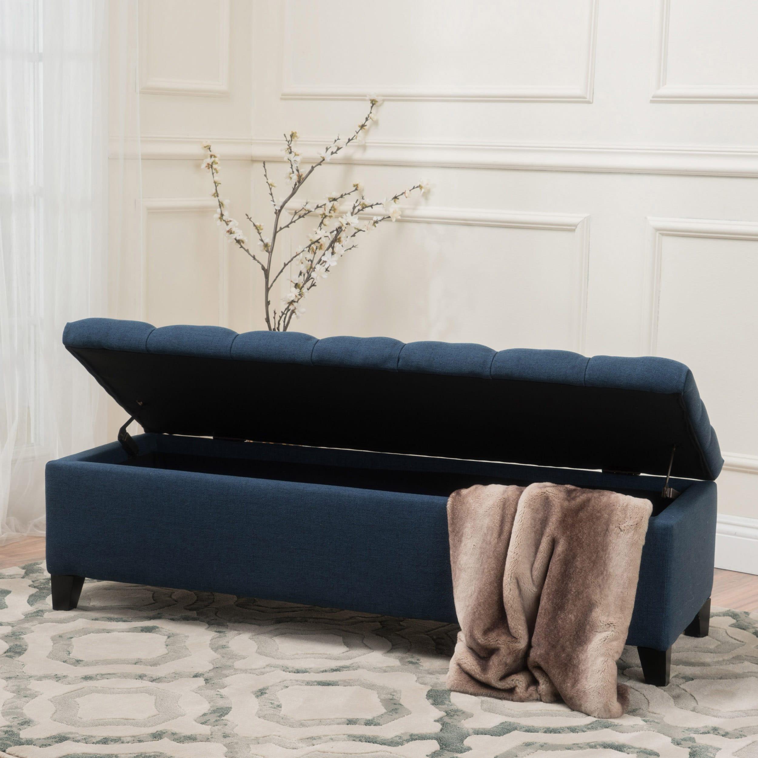 Ottilie Storage Ottoman Dark Blue - Christopher Knight Home: Upholstered Bedroom Seating with Tufted Lid