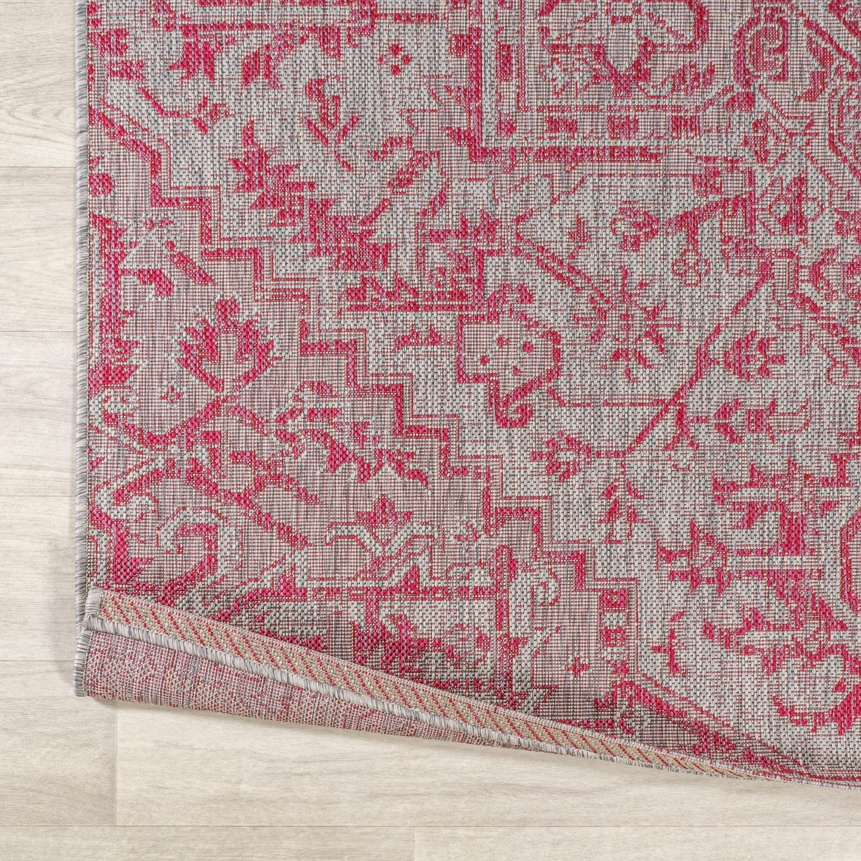 4' x 6' Estrella Bohemian Medallion Textured Weave Indoor/Outdoor Area Rug, Light Gray/Fuchsia - JONATHAN Y