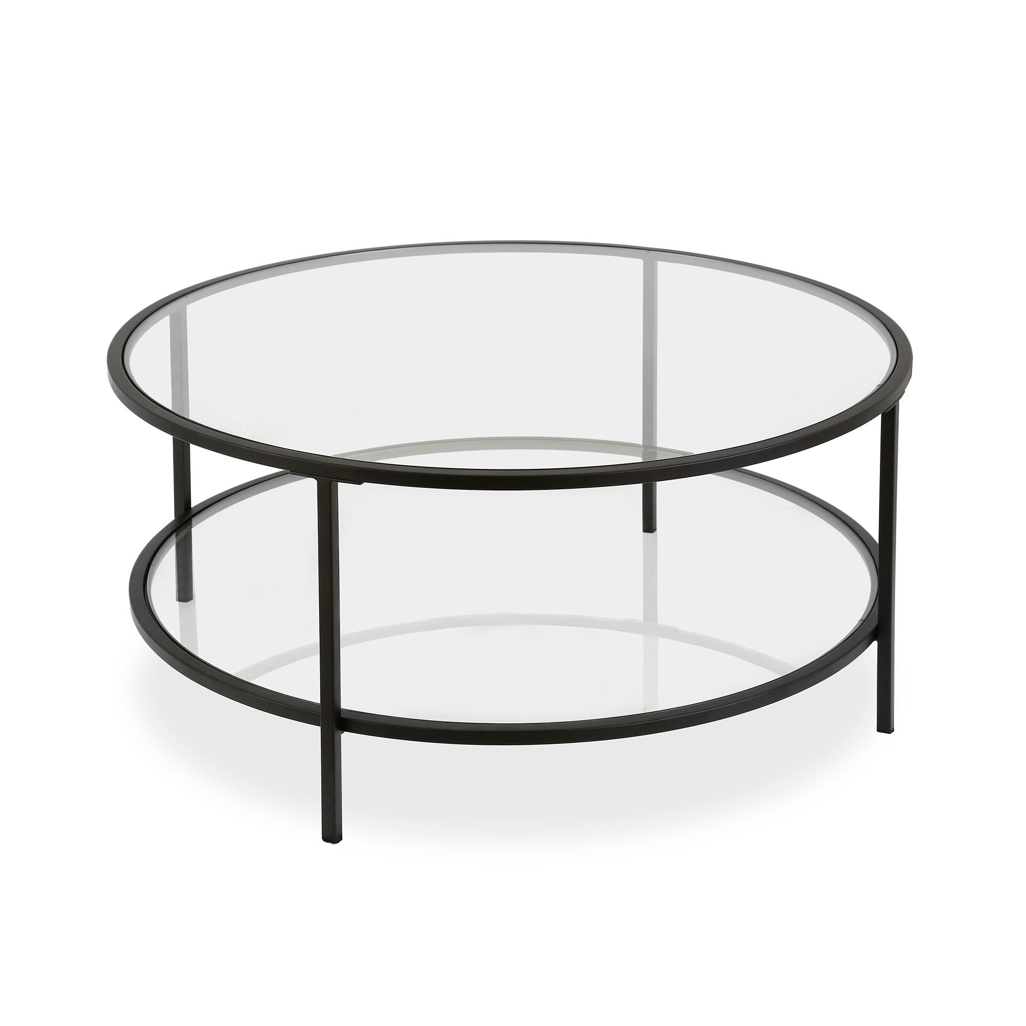 Evelyn&Zoe Sivil 36" Wide Round Coffee Table with Glass Top, Blackened Bronze