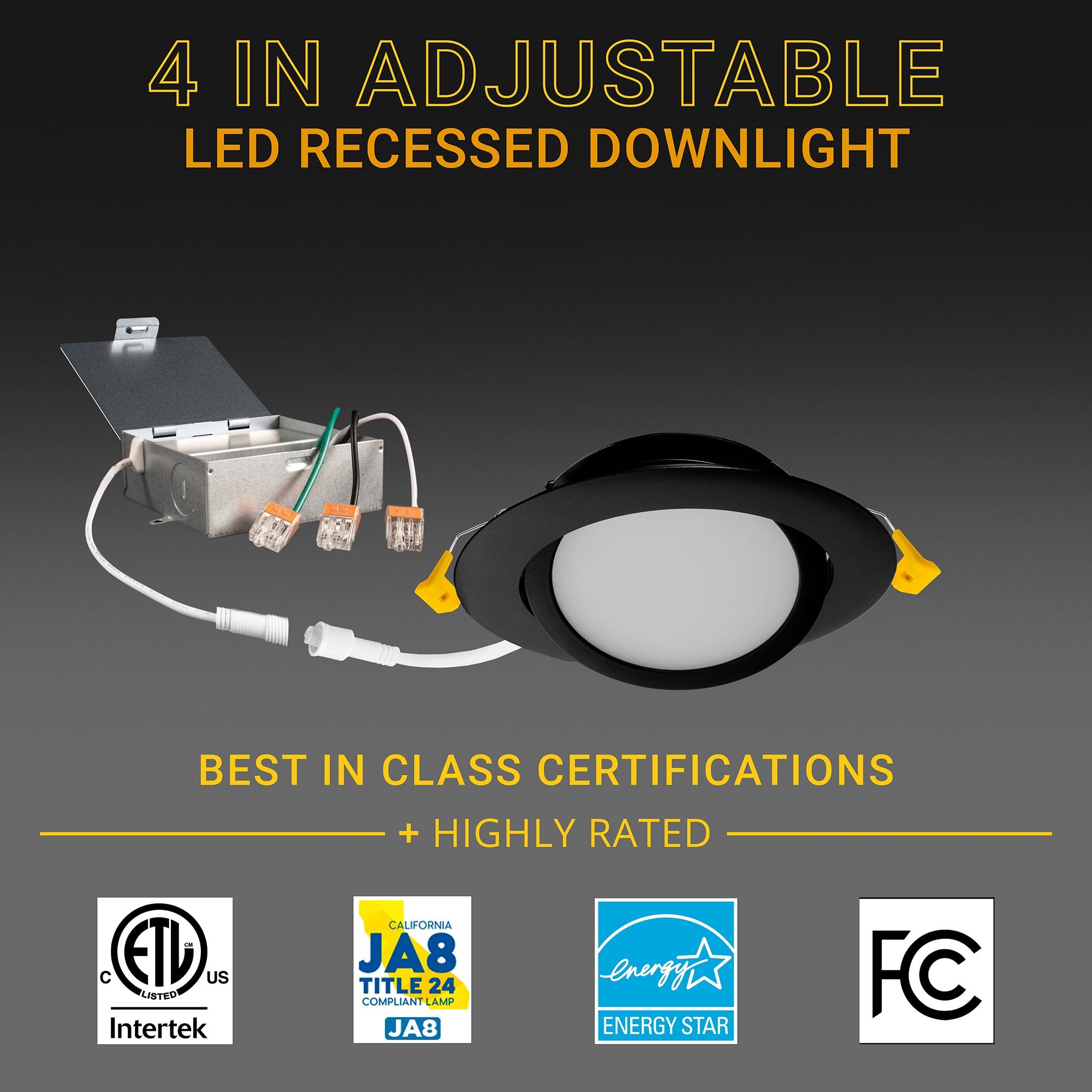 NuWatt 4 Inch Adjustable Recessed LED Ceiling Light,12 Pack 9W, Thin Fixture, 5CCT Selectable: 2700K-5000K, 630 lumens, 120V, Dimmable, IC Rated, w/ Junction Box, Black Trim