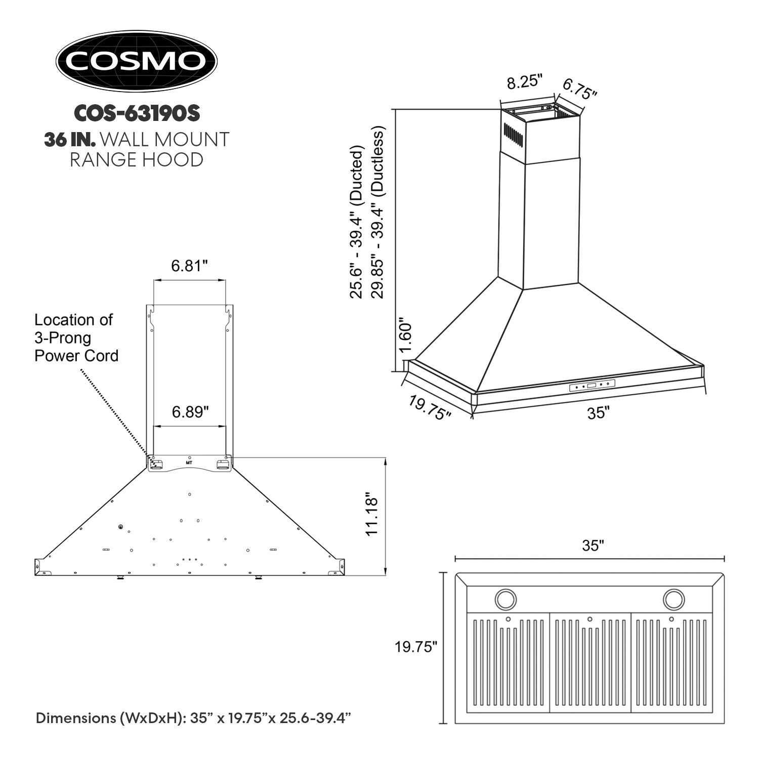 Cosmo 36 in. Vista Collection Ducted Wall Mount Range Hood, Touch Controls, LED Lights, Permanent Filters, Stainless Steel