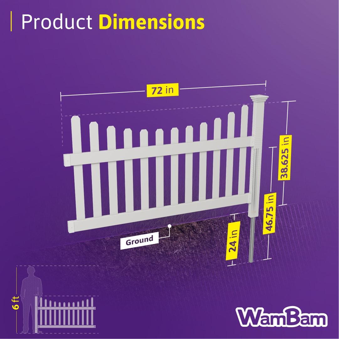 3.5ft H x 6ft W (1 Panel + 1 Post) No Dig WamBam All American Fence Kit, White Vinyl Picket Fence, Easy Install Outdoor Fence for Backyard or Patio, DIY Decorative Fencing, ZP19041