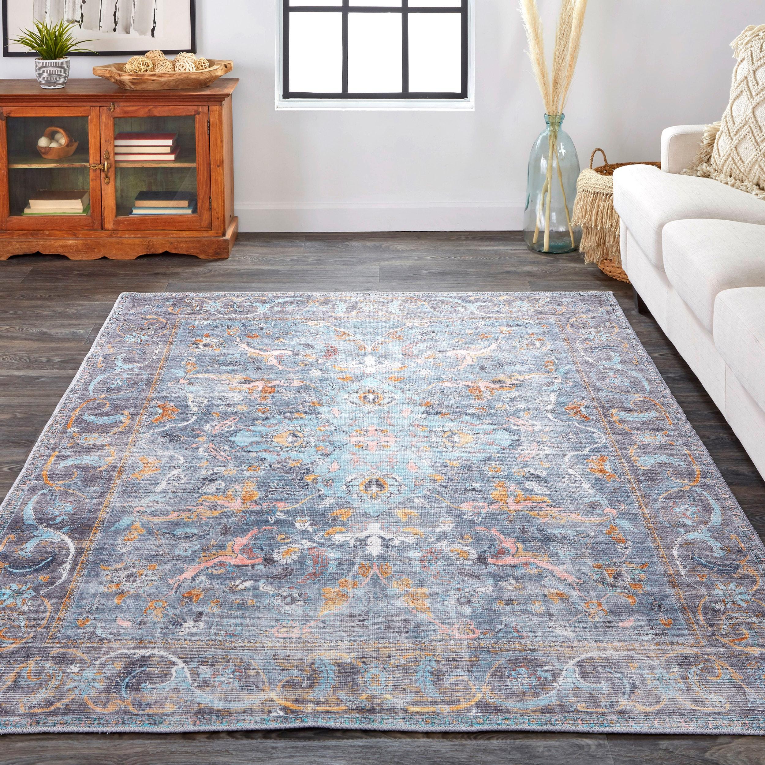 Percy Transitional Medallion Blue/Gray/Orange Area Rug