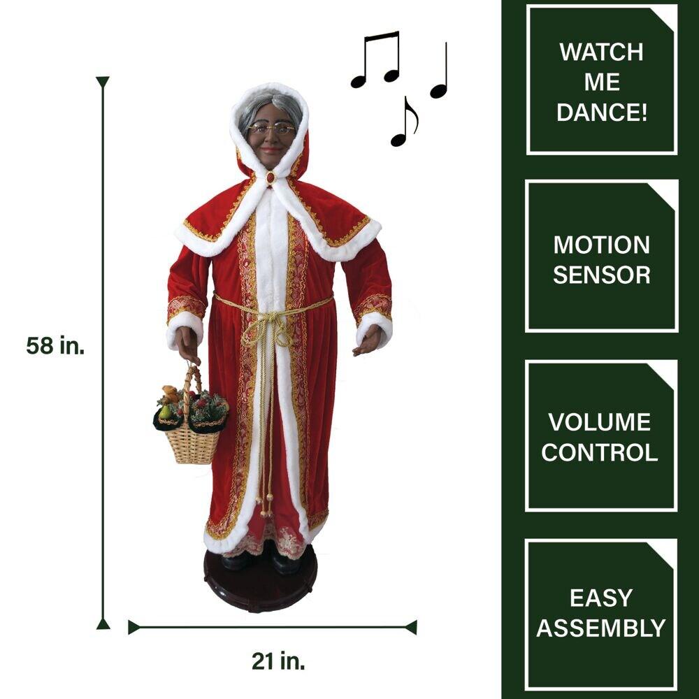 African American Dancing Mrs. Claus with Hooded Cloak and Basket Figurine